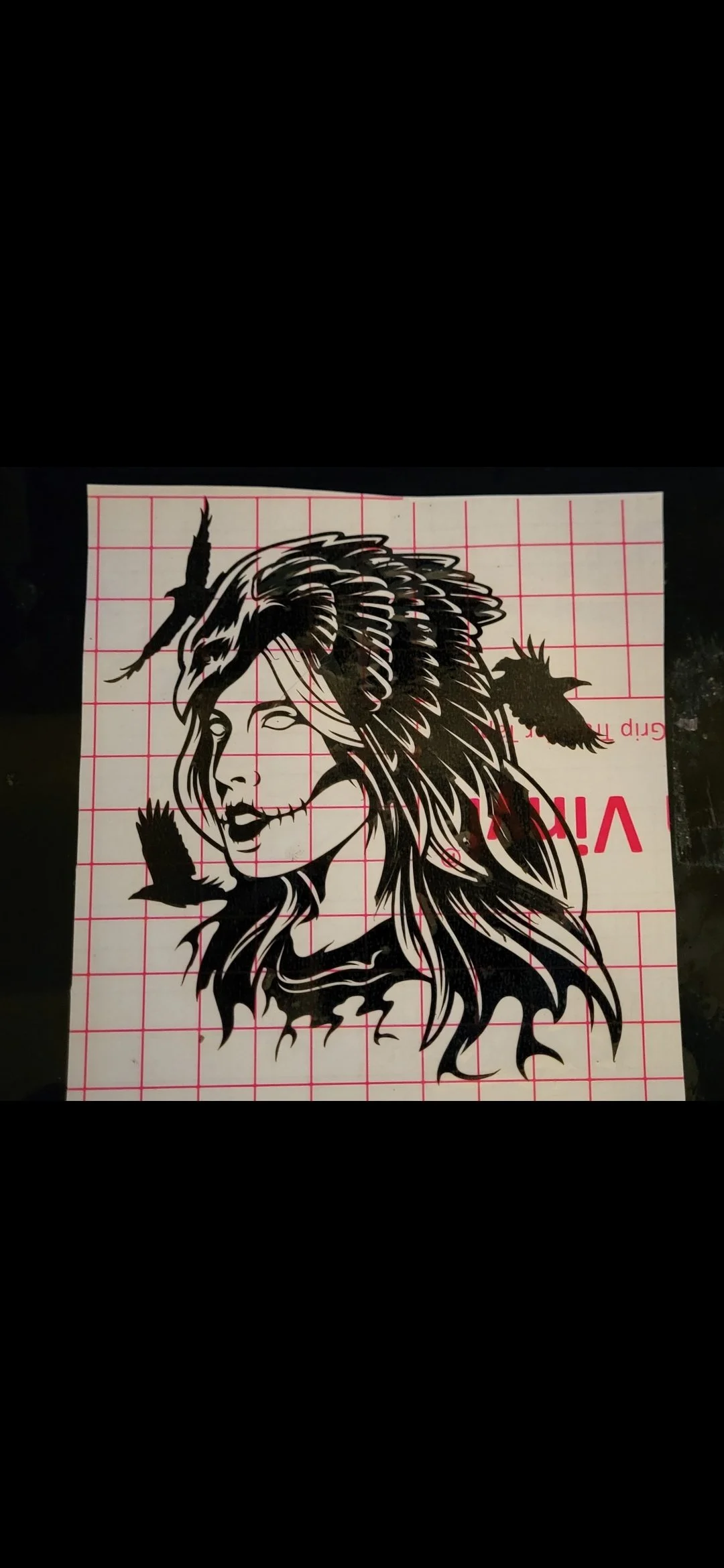 Black and white sticker of a woman's portrait with long flowing hair and a serious expression, overlaid with silhouettes of birds in flight.