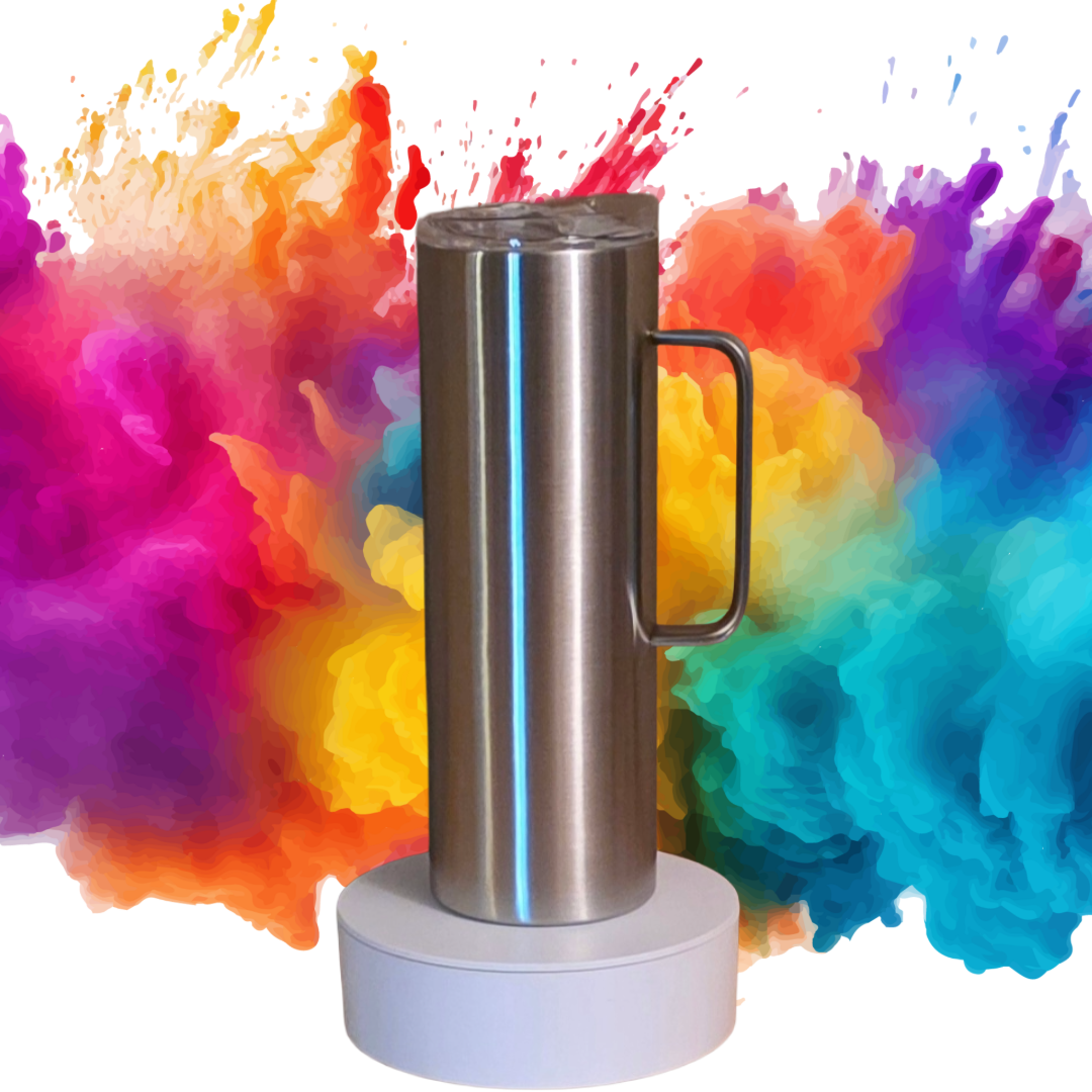 A stainless steel thermos with a handle standing on a white circular pedestal, with colorful abstract watercolor splashes in the background.