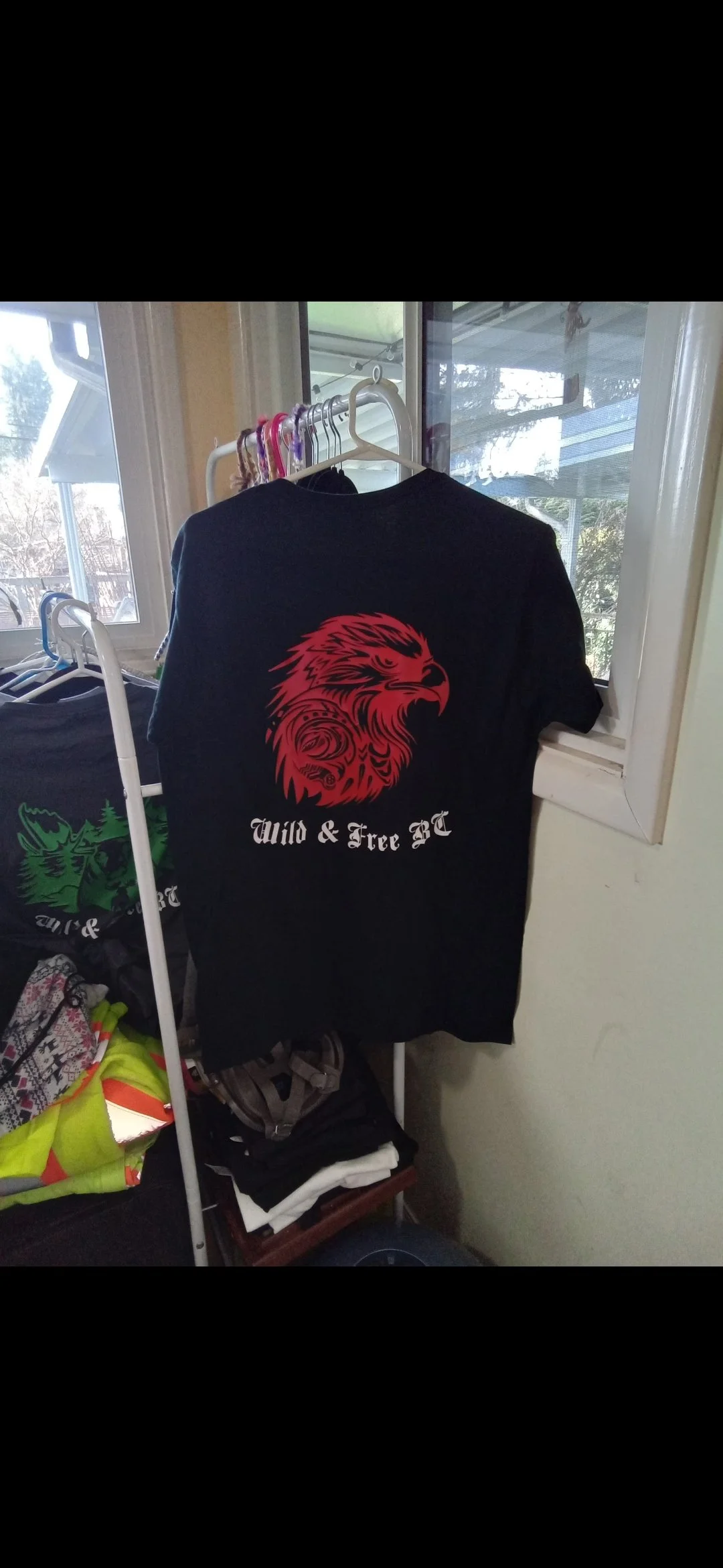 Back view of a black T-shirt with a red lion graphic and the text 'Wild & Free AC' hanging on a rack near a window.