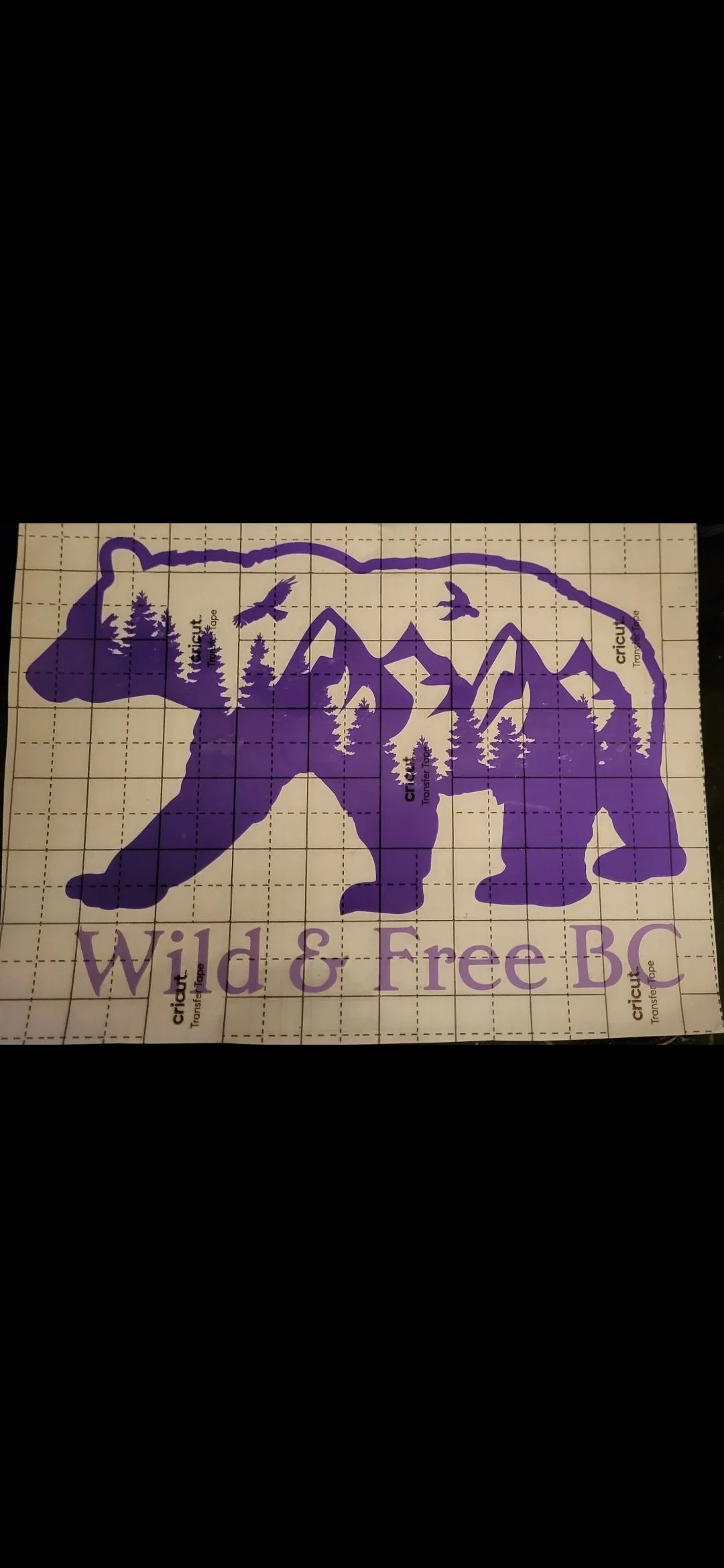 A purple bear-shaped cutout featuring mountain, tree, and bird designs, with the words "Wild & Free BC" at the bottom.