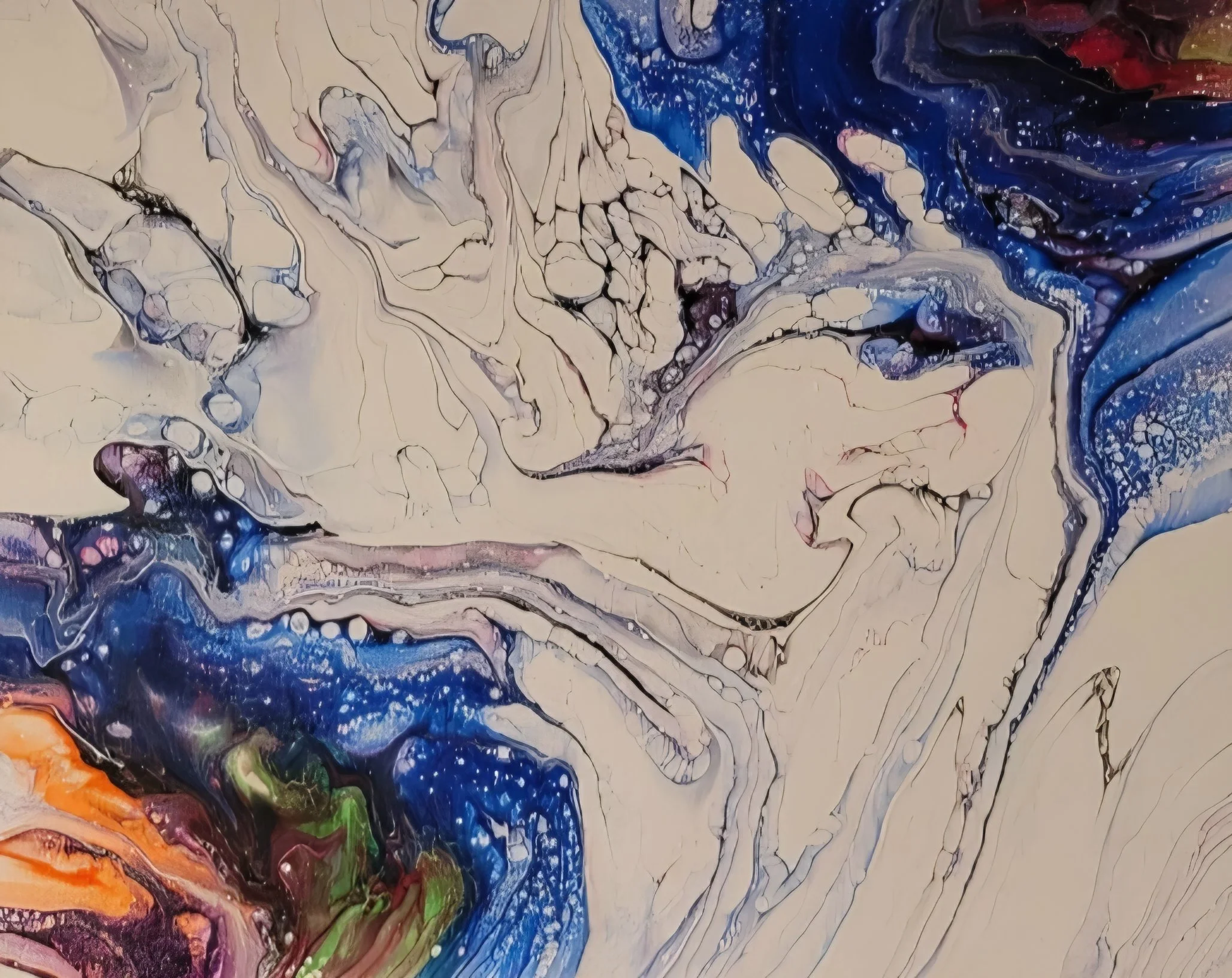 Abstract swirling painting with shades of blue, white, purple, orange, black, and hints of green.