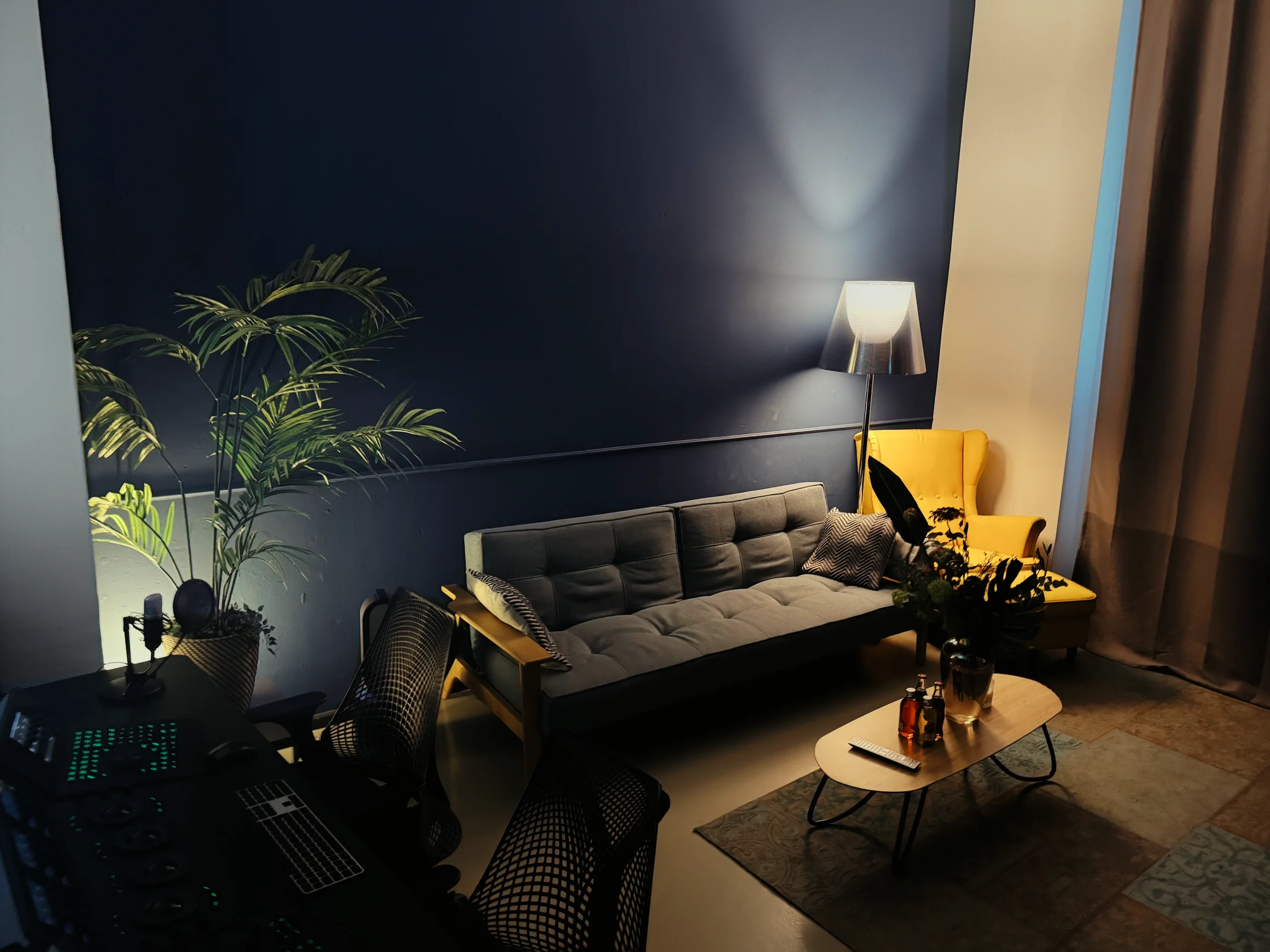 Suite 1 or 2 of MOGRADE's post-production studio, furnished with a sofa, a coffee table with drinks and a flower arrangement, a rug and a plant.