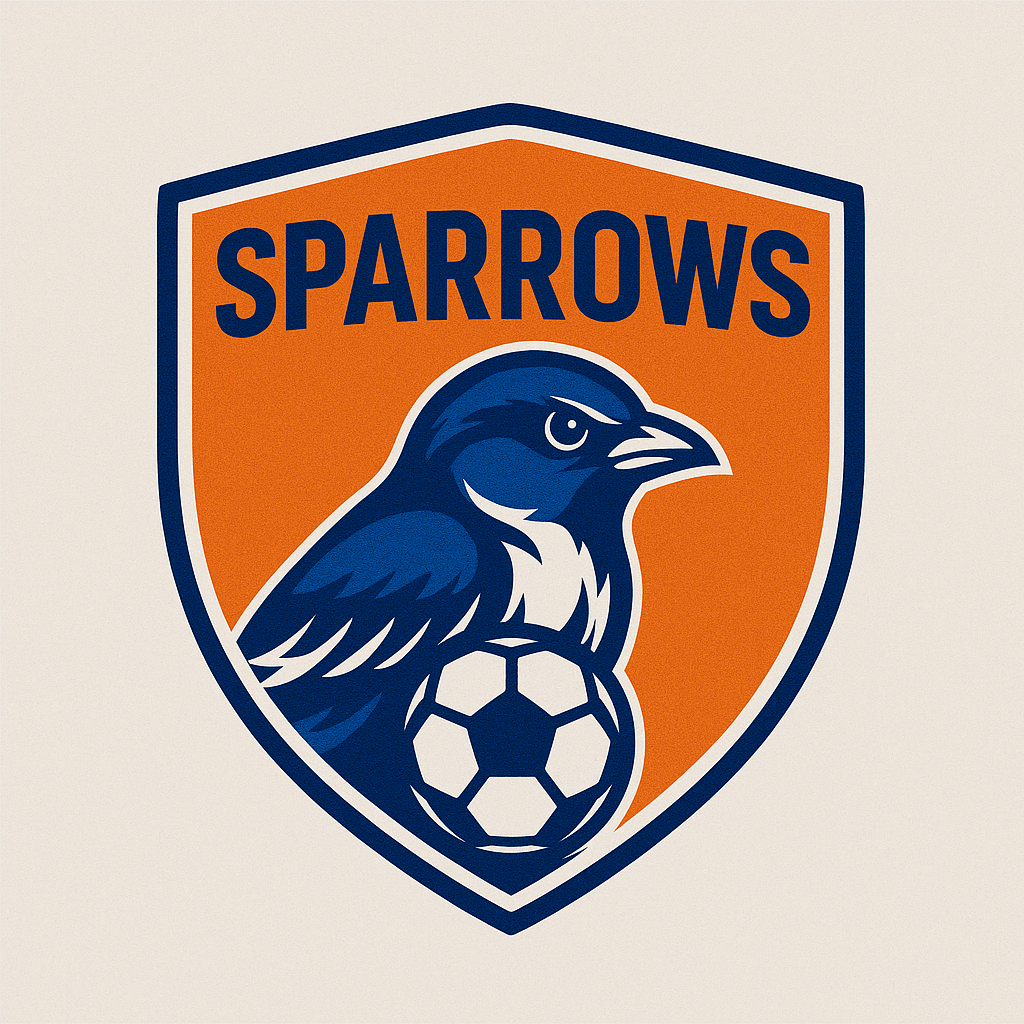A sports team logo with a shield shape, featuring a blue bird, possibly a sparrow, perched on a soccer ball, with the word "SPARROWS" at the top in bold blue letters on an orange background.