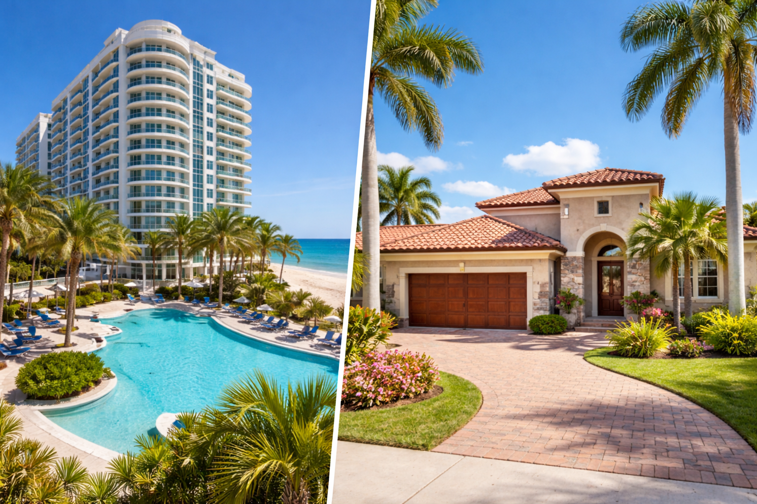 Split image showing a beachfront resort with a swimming pool and palm trees on the left, and a luxurious house with a driveway, palm trees, and landscaped garden on the right.