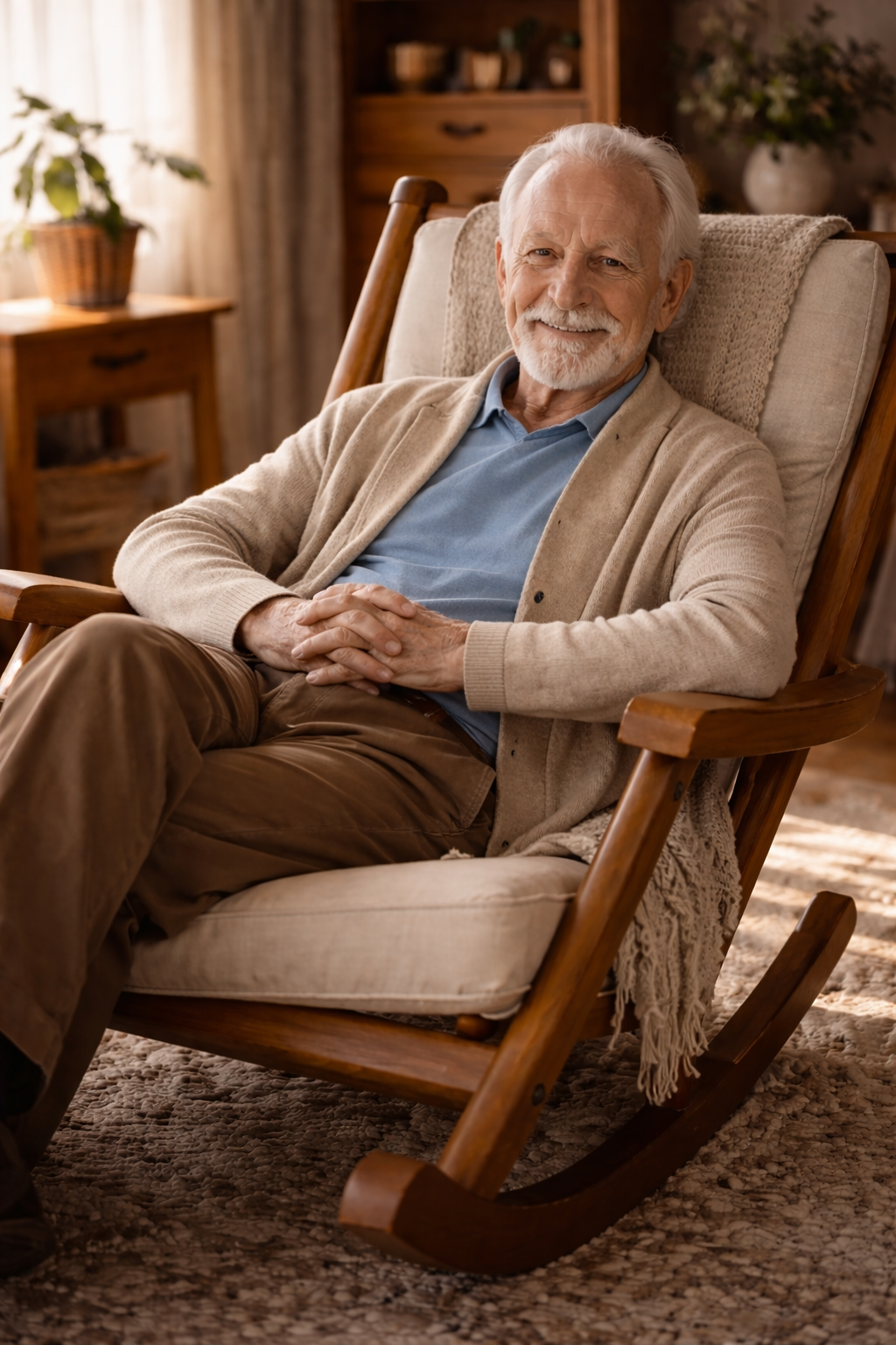 An elderly man with white hair and a beard smiling while sitting in a wooden rocking chair in a cozy, warmly lit living room.
