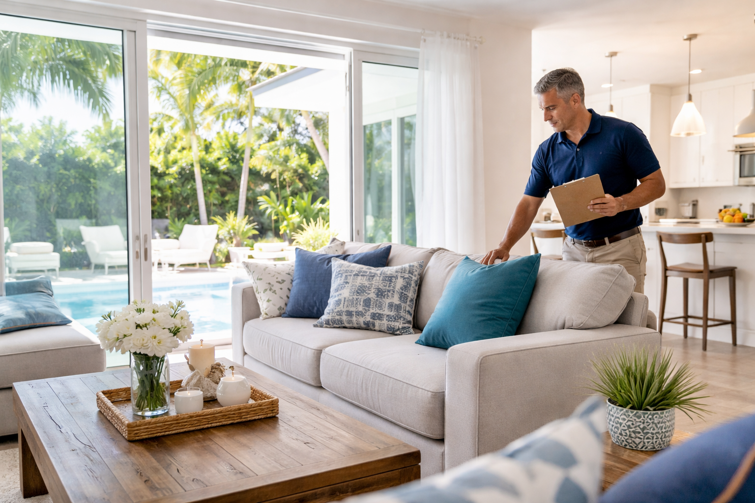 Man in navy polo and beige pants examining couch cushions in a bright living room with glass sliding doors, outdoor pool and patio visible outside, decorated with pillows and plants.