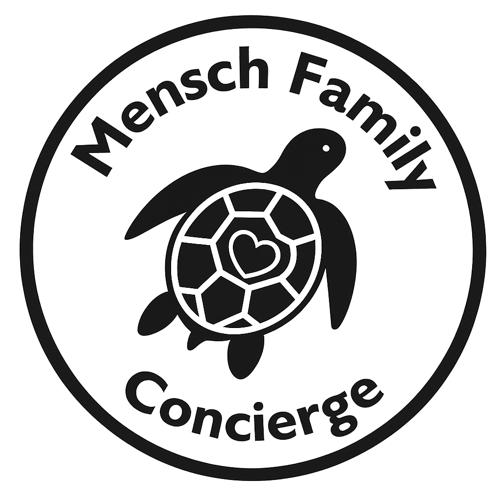 A black circular logo with a turtle illustration in the center. The turtle has a shell with a heart shape inside. The text 'Mensch Family Concierge' is around the top and bottom of the circle.