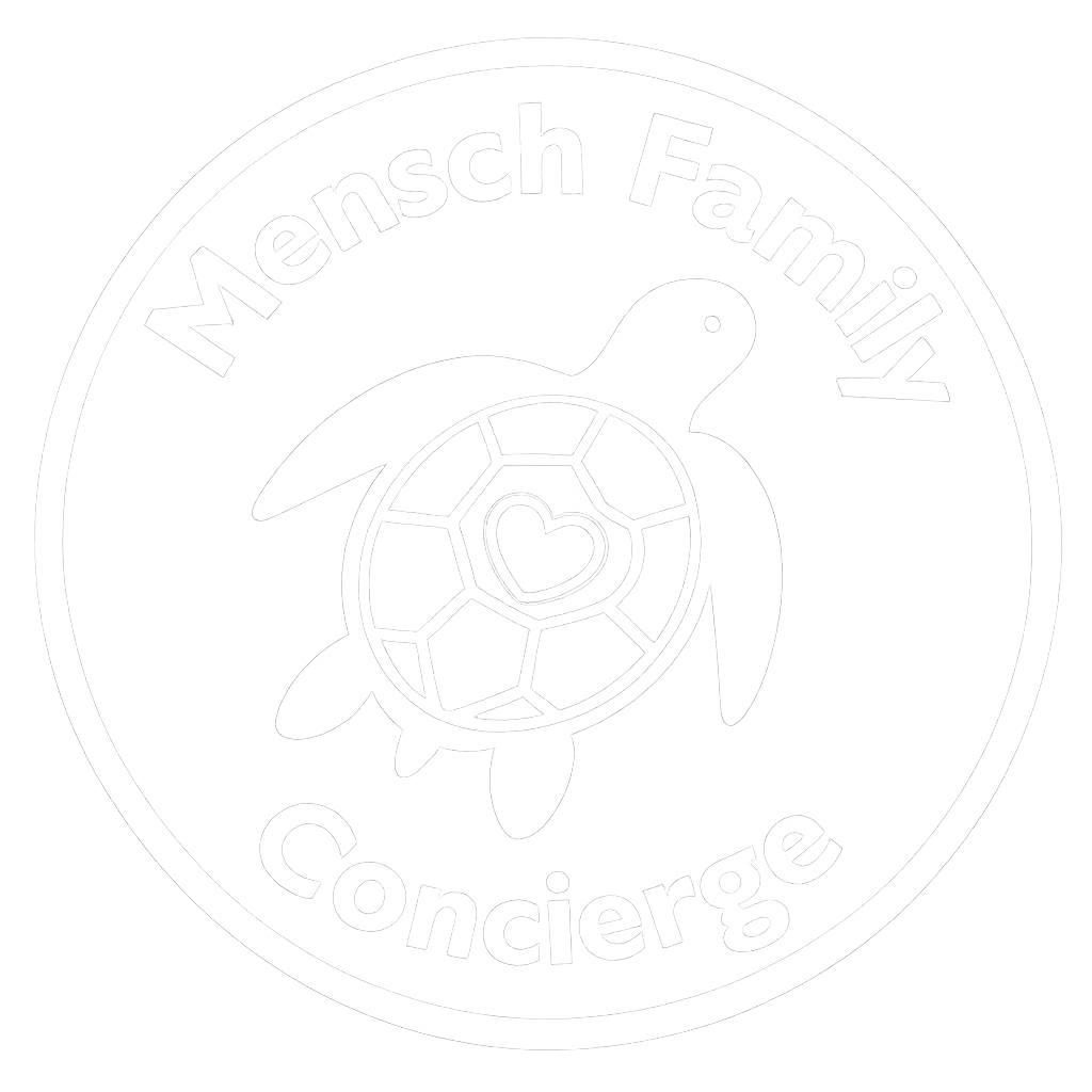 A circular logo with a turtle, heart-shaped shell pattern, and the words 'Mensch Family Concierg' around the turtle.