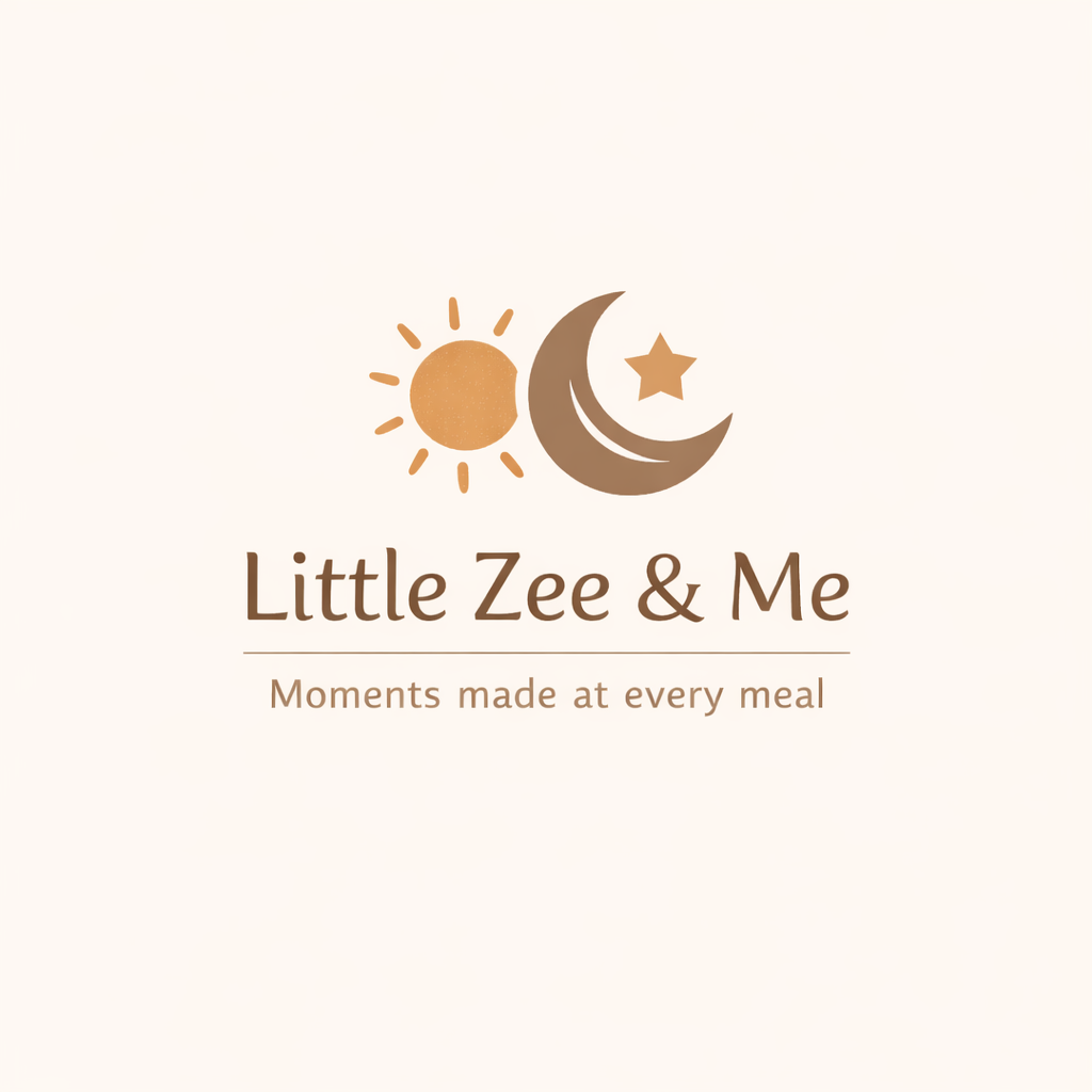 Logo for Little Zee & Me featuring a sun, moon, and star with the tagline "Moments made at every meal" on a light background.