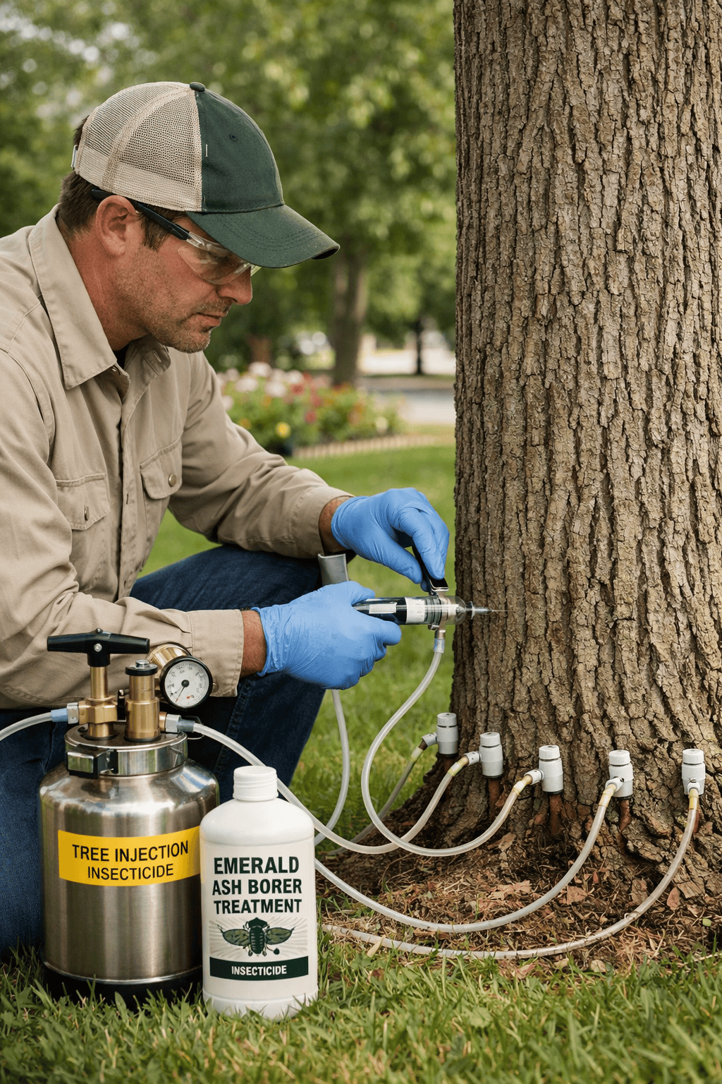 A man wearing a cap, glasses, and blue gloves is injecting a substance into a tree trunk using a syringe connected to tubes. There is a container labeled "Tree Injection Insecticide" and another labeled "Emerald Ash Borer Treatment Insecticide" next to him, and he is outdoors near green grass and trees.