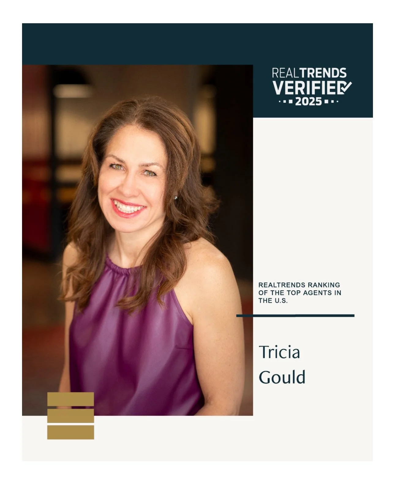 Photograph of Tricia Gould smiling, with text indicating she is ranked in the top real estate agents in the U.S. for 2025 by RealTrends.