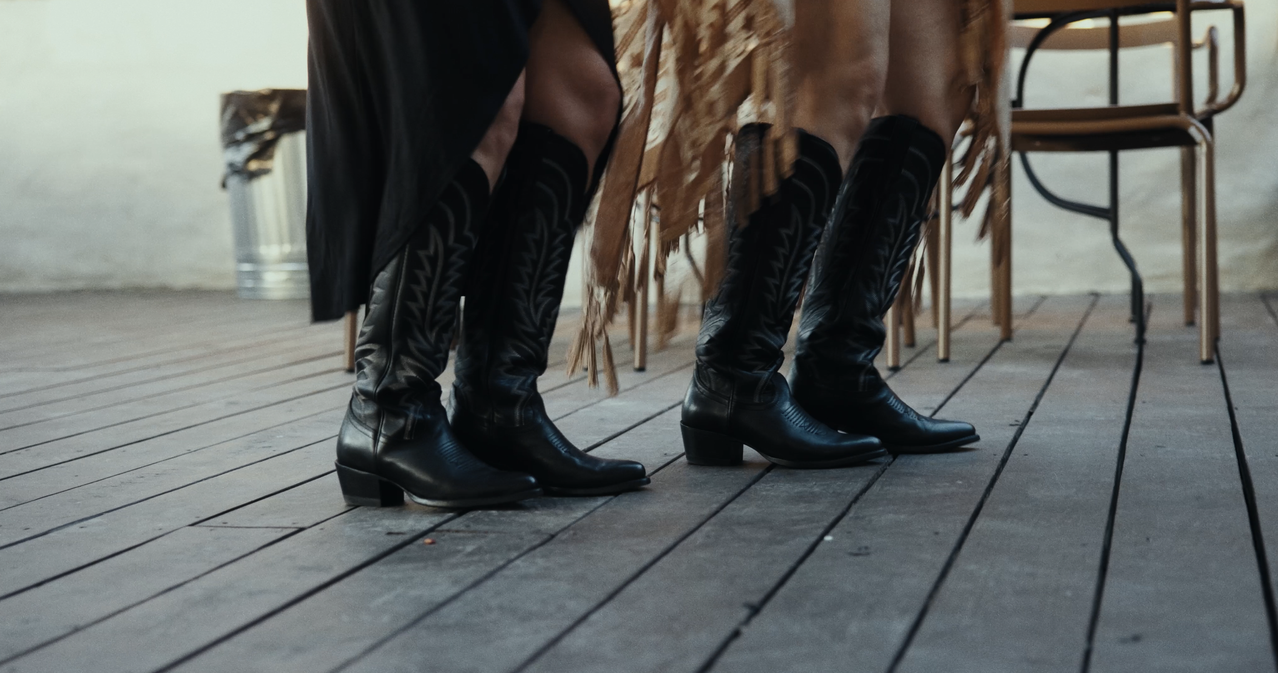 Close-up of five women wearing black cowboy boots with patterned stitching, standing in a row on a wooden floor, partially covered by embroidered skirts and shawls, with chairs in the background.
