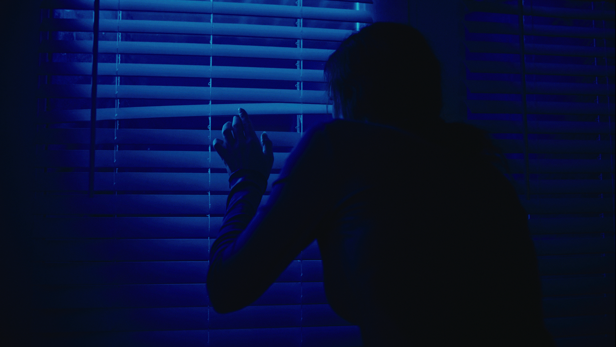 Person looking out a window with closed blinds in a dimly lit room, illuminated by blue light.