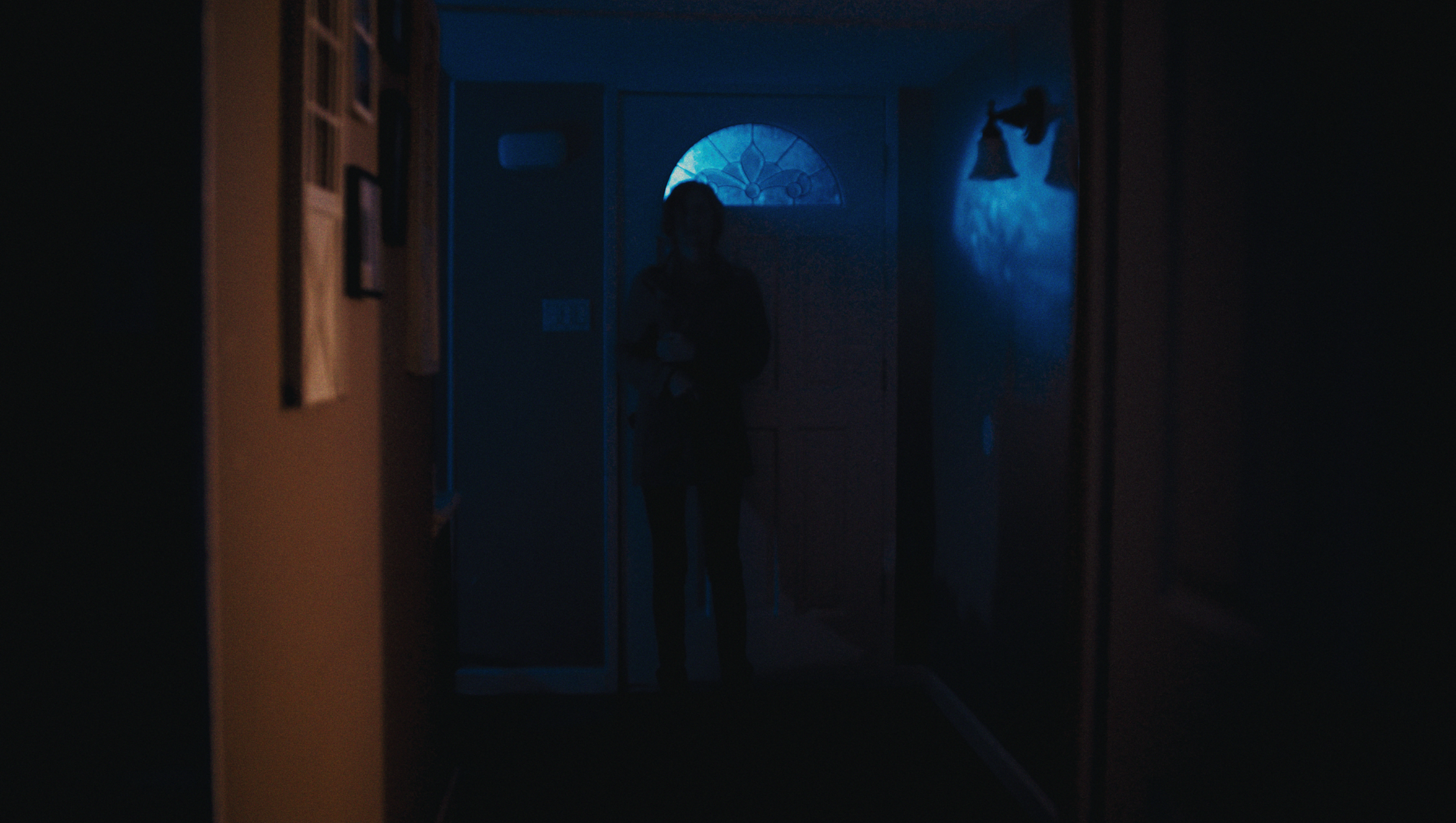 Dark hallway with a person standing near the front door, illuminated by blue light, with wall-mounted lights and picture frames on the wall.