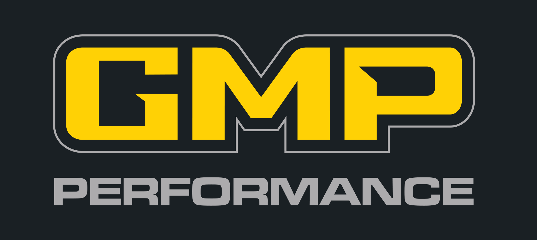 Logo avec le texte "GMP" en jaune avec une touche de noir et contour gris, et sous le texte "PERFORMANCE" en gris