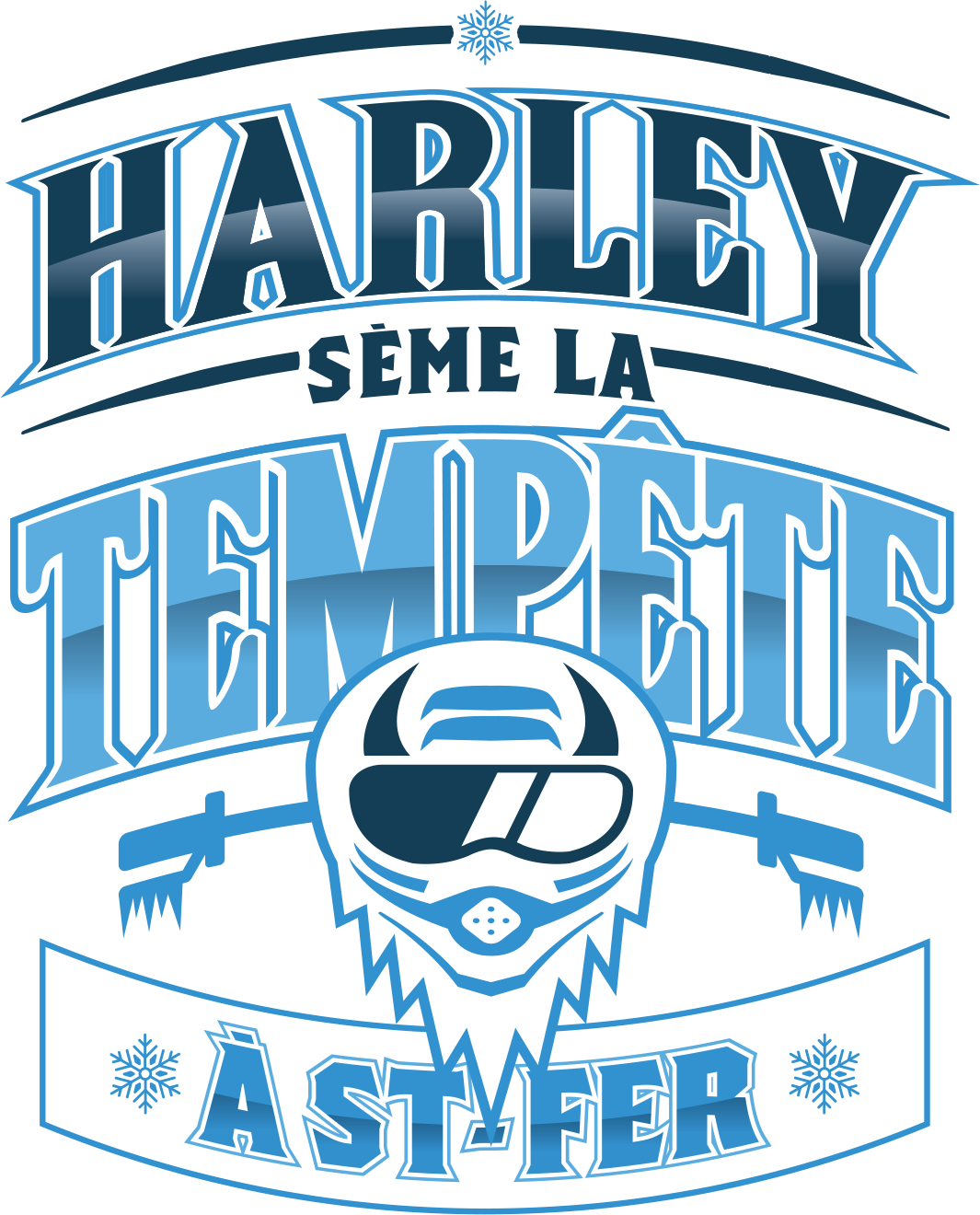 Logo avec texte en français disant "Harley. Semé la température. Aster" en bleu et blanc, avec une illustration d'un casque de moto avec des lunettes de ski et des bâtons de ski croisés derrière, des flocons de neige.