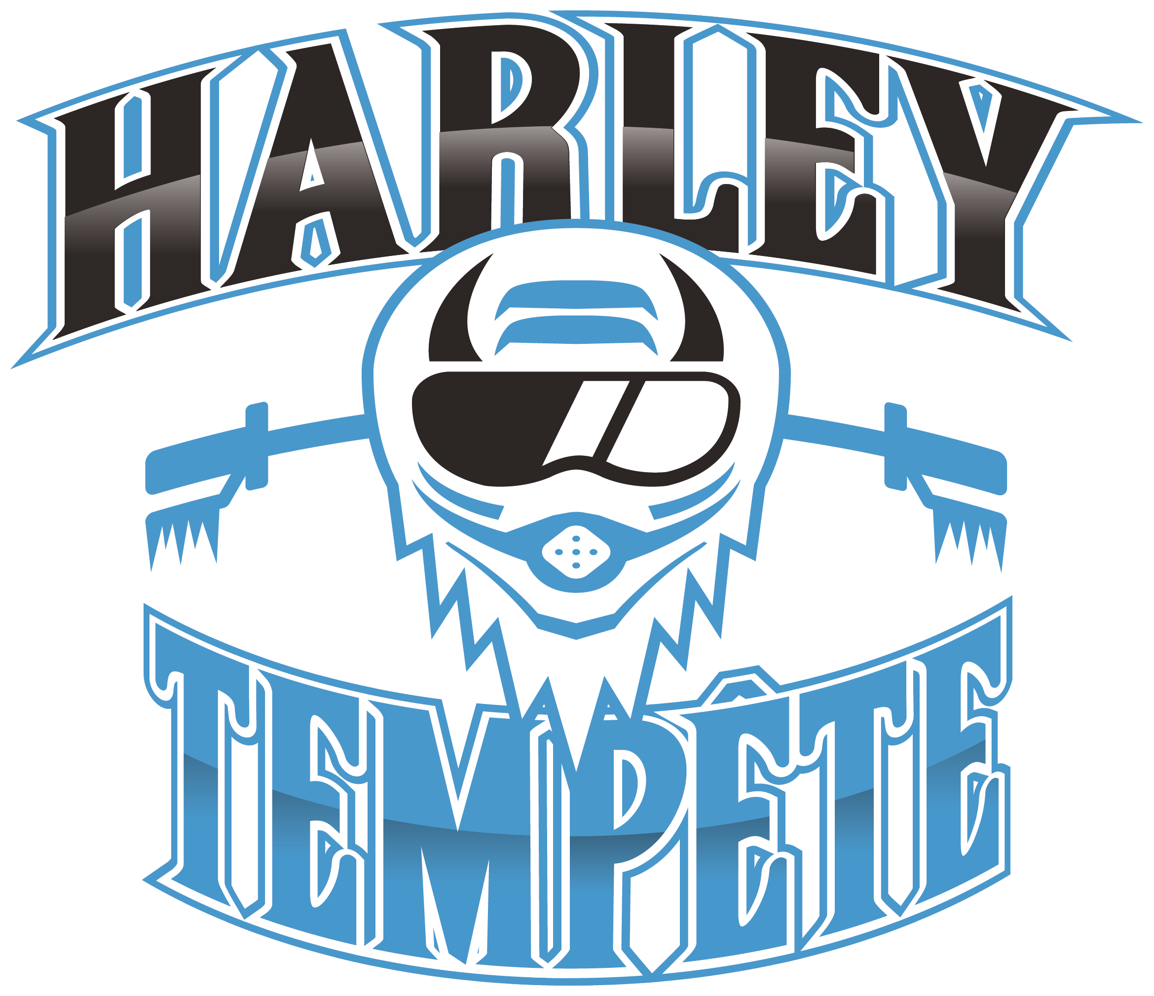 Logo avec un crâne de Harley Davidson en moto avec casque, lunettes de soleil, et une barbe, entouré du texte "Harley" en haut et "The Famous" en bas.