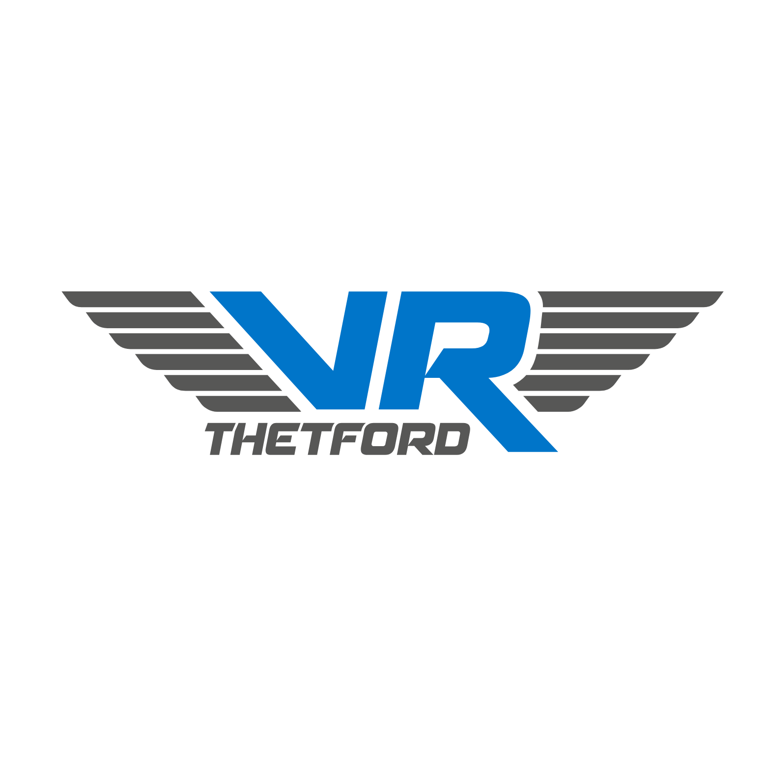 Logo de VR Thetford avec des ailes stylisées grises et le texte en bleu et gris.