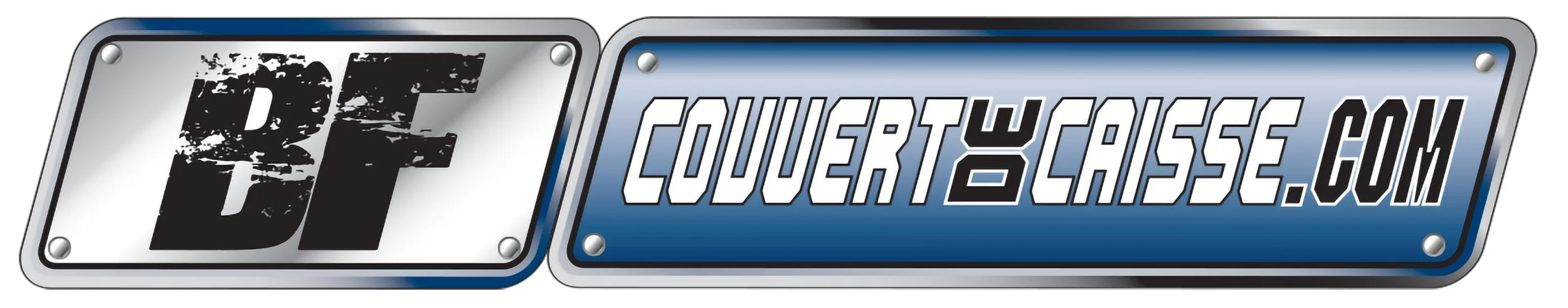 Logo de site web 'couvertycaisse.com' avec deux plaques métalliques indiquant le nom du site en français.