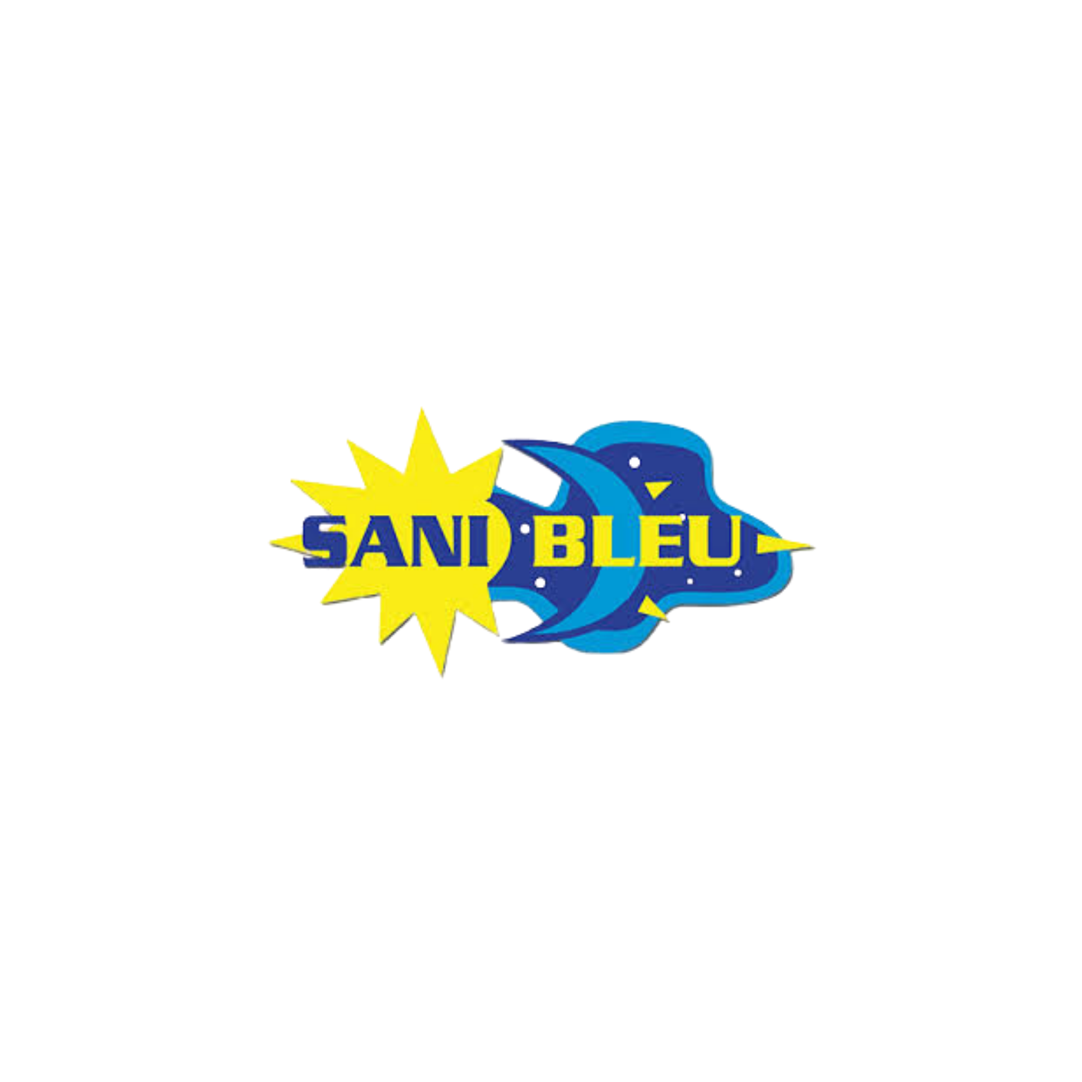 Logo avec un poisson bleu stylisé et le texte "SANI BLEU" en lettres bleues sur fond jaune