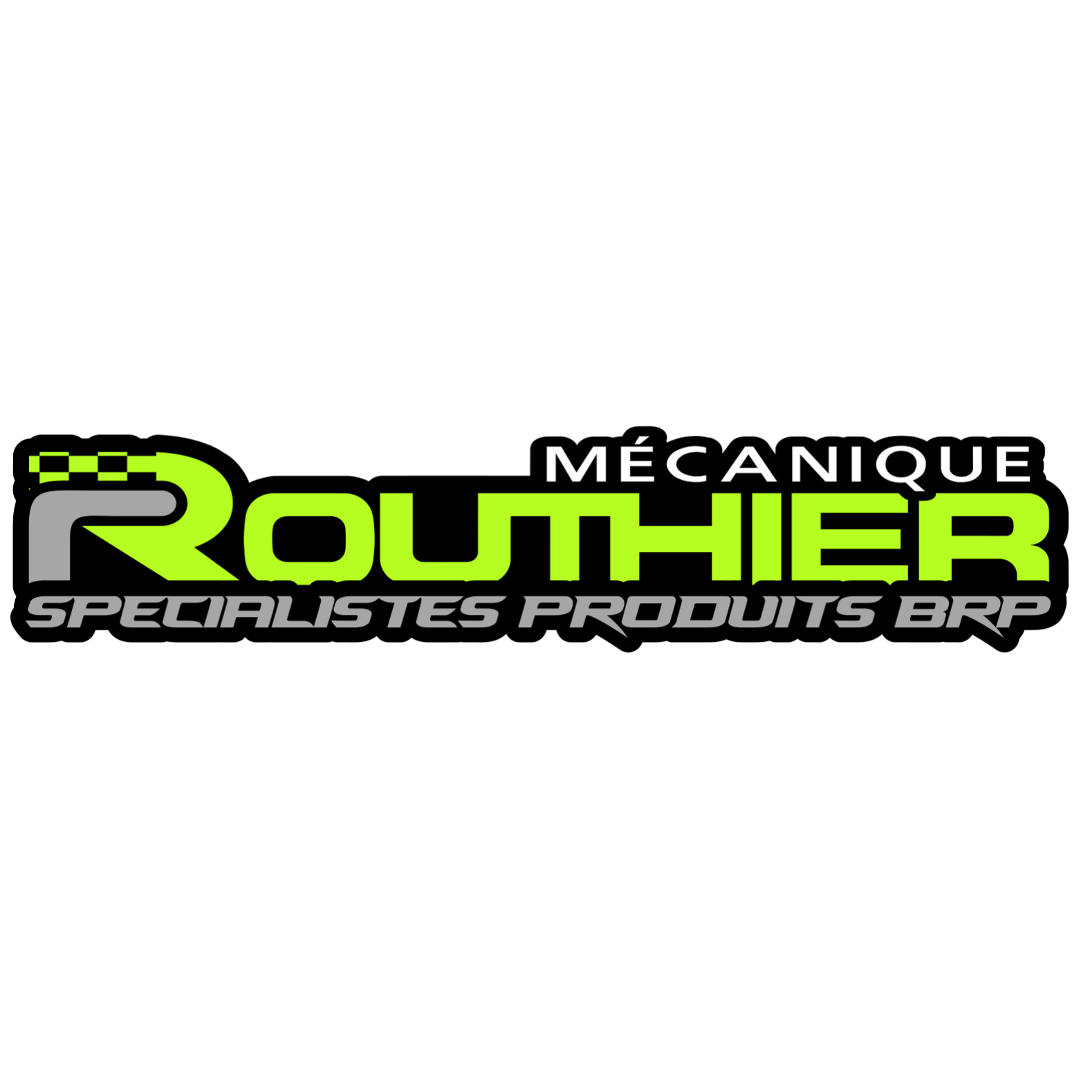 Logo de Routhier Mécanique, spécialiste en produits BRP, avec des couleurs vert lime, gris et blanc sur fond noir.