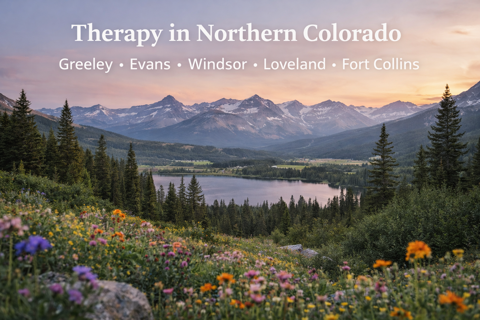 Scenic Colorado mountain landscape with alpine lake and wildflowers at sunset, featuring text that reads “Therapy in Northern Colorado” and service areas including Greeley, Evans, Windsor, Loveland, and Fort Collins.