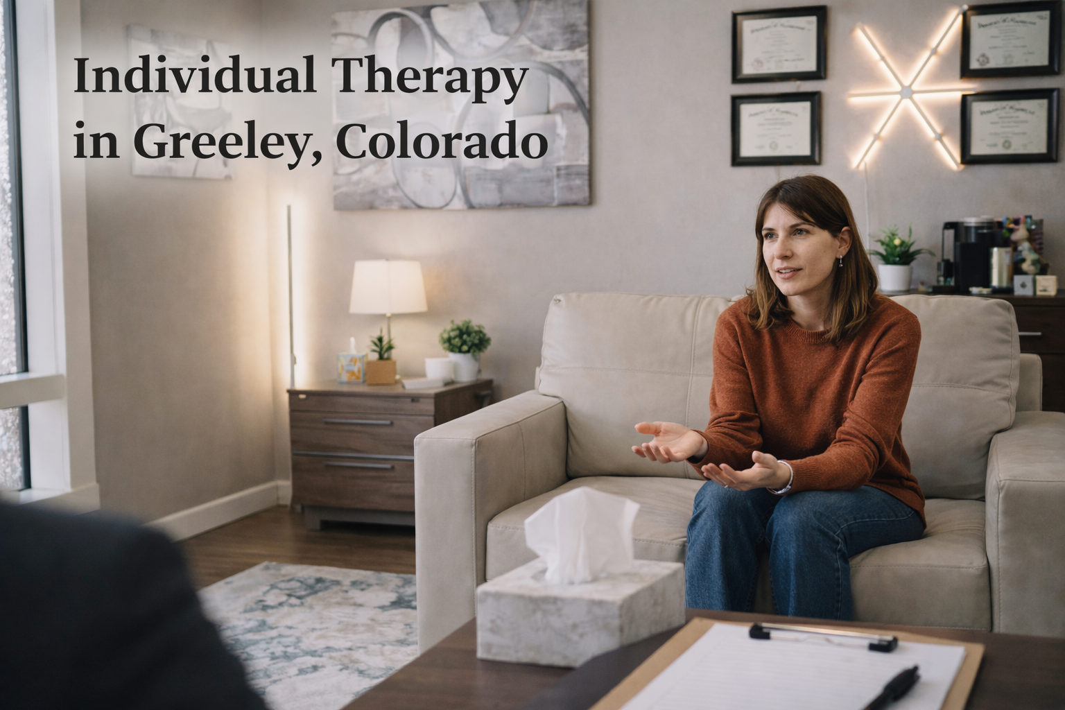 Therapist meeting with an adult client for individual therapy in Greeley, Colorado