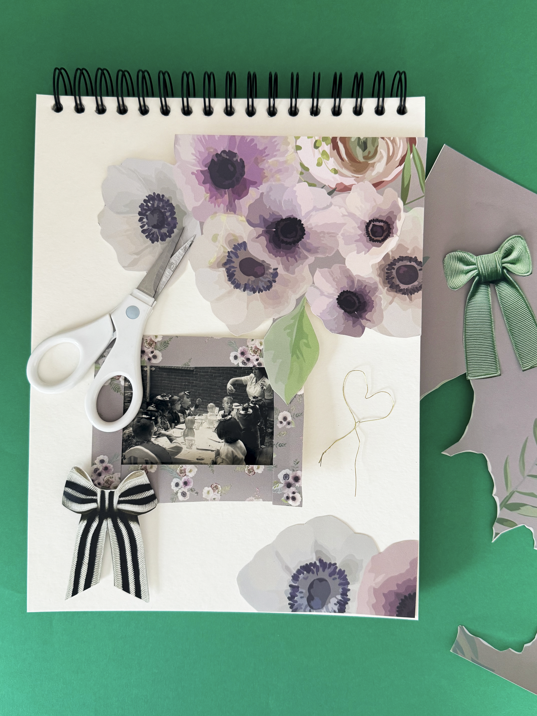 modern photo book page with black and white photography and collaged flowers and bows