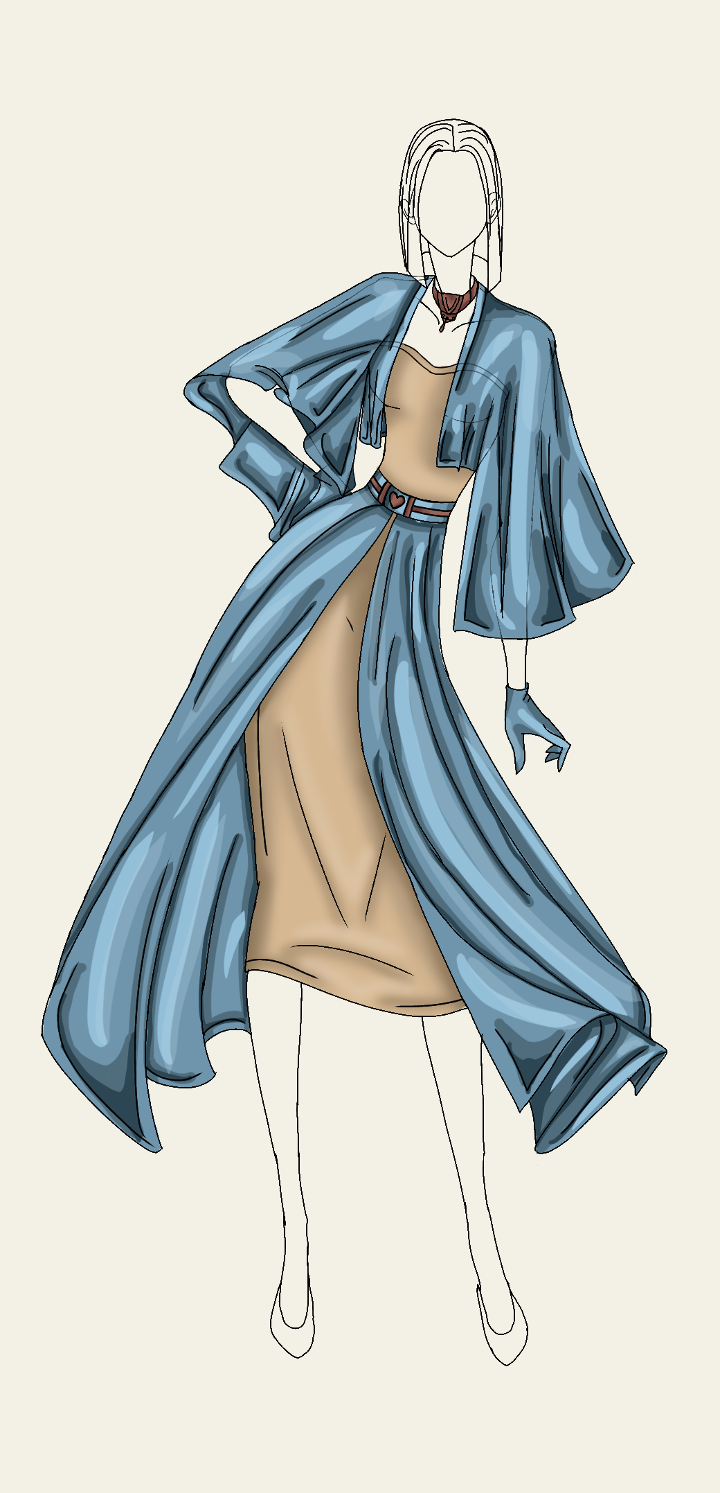 Fashion illustration of a woman in a blue jacket and long skirt, with a beige dress underneath, posing with one hand on her hip.
