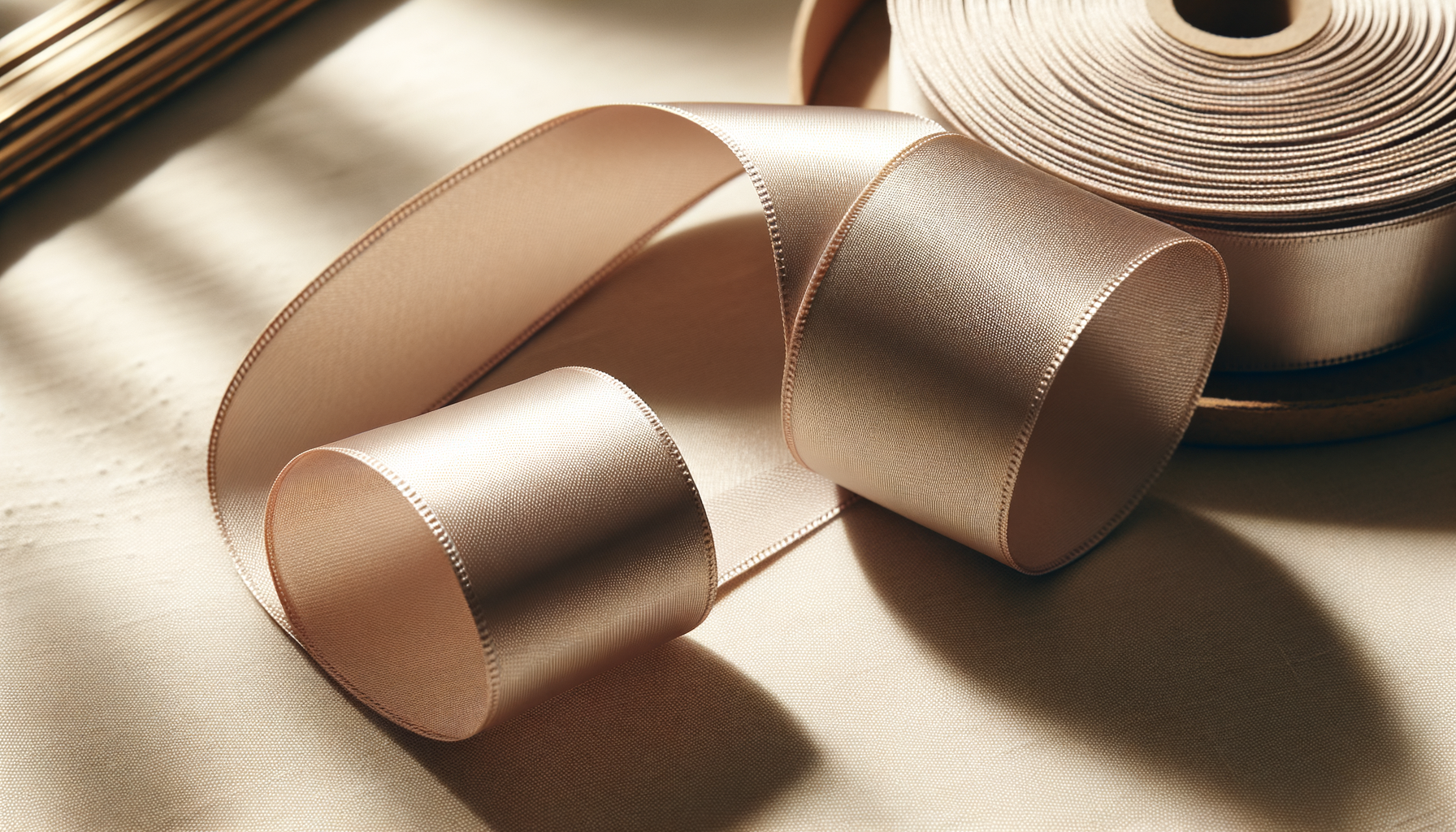 A spool of beige satin ribbon with a shiny finish, partially unrolled and lying on a cream-colored fabric surface.