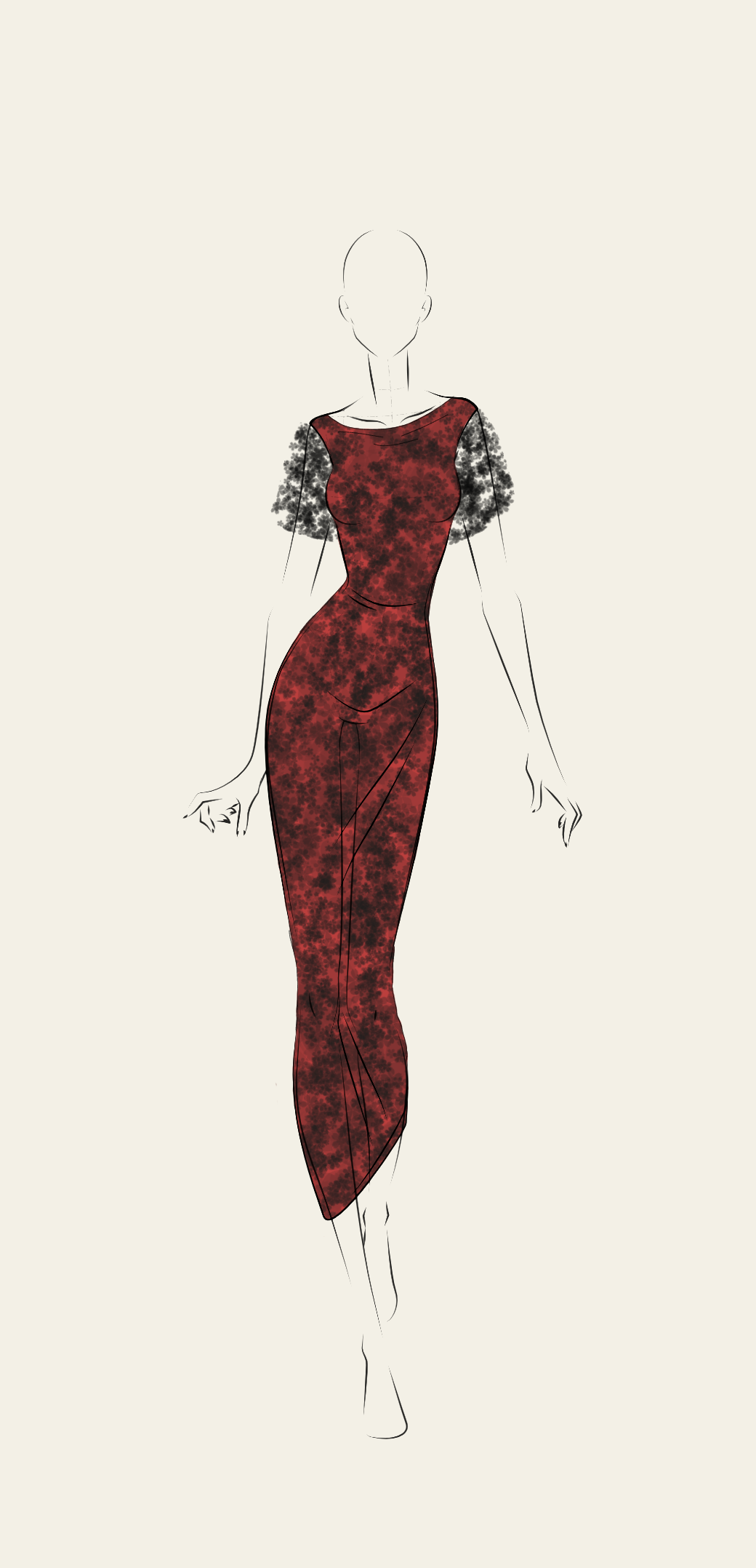 Fashion illustration of a woman wearing a red and black patterned gown with black lace puff sleeves and a fitted silhouette.