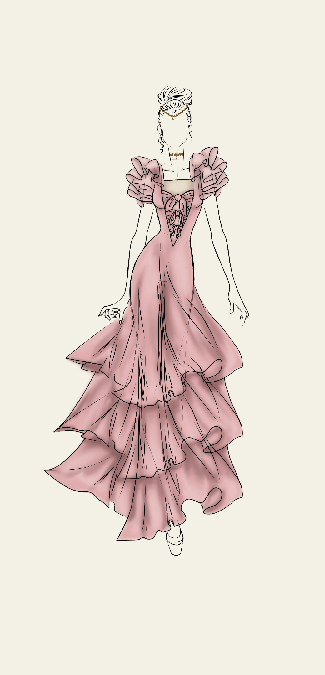 Fashion illustration of a woman in a pink layered gown with bold ruffle details on the shoulders and a fitted waist, with her hair styled in a high updo.
