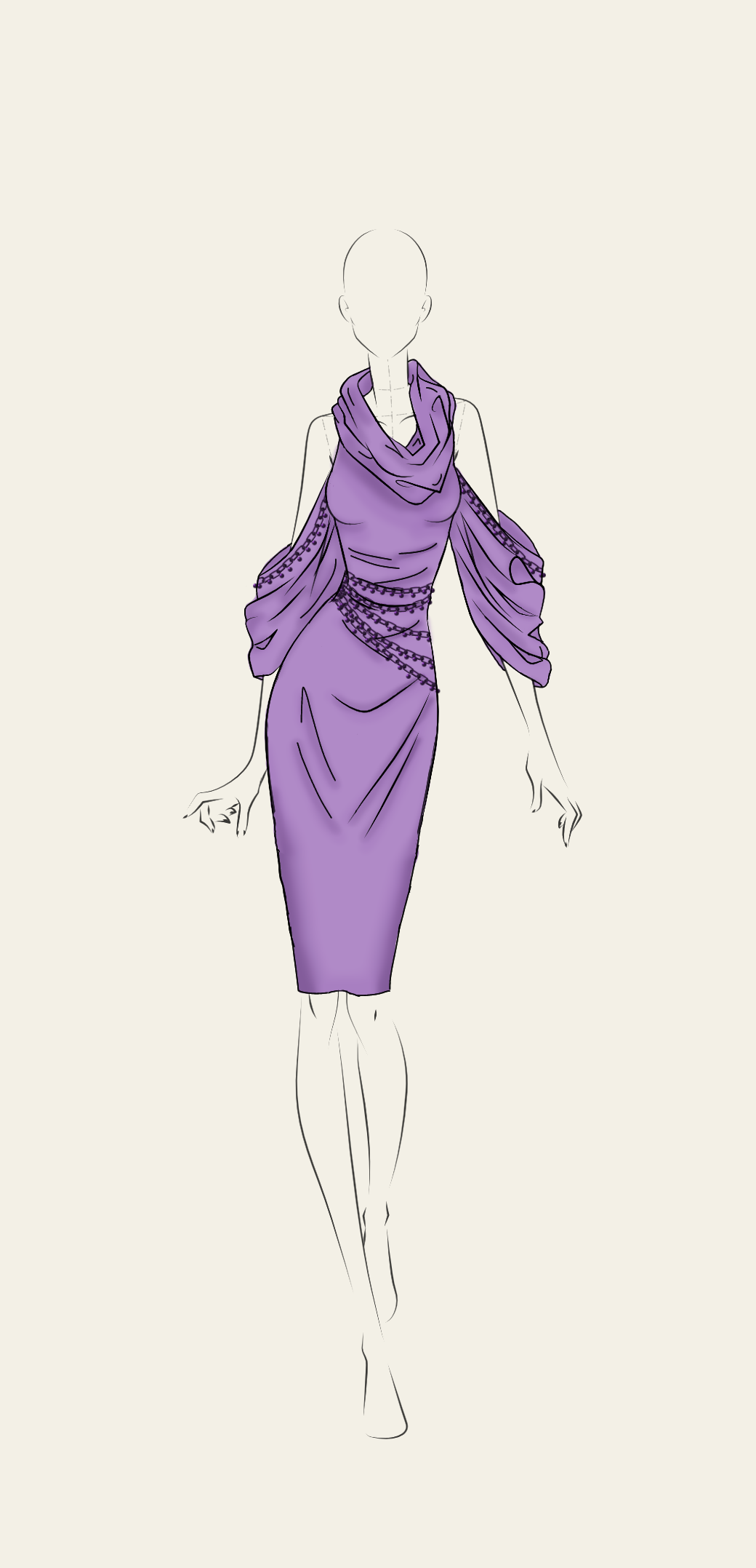 Fashion illustration of a woman in a purple dress with draped fabric and chain details, walking forward.
