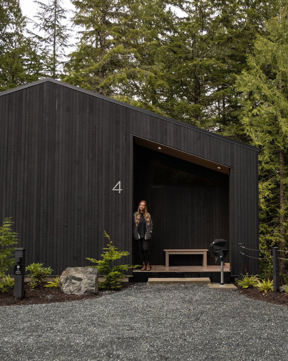 A modern black house with a woman standing on the front porch, surrounded by trees and greenery.
