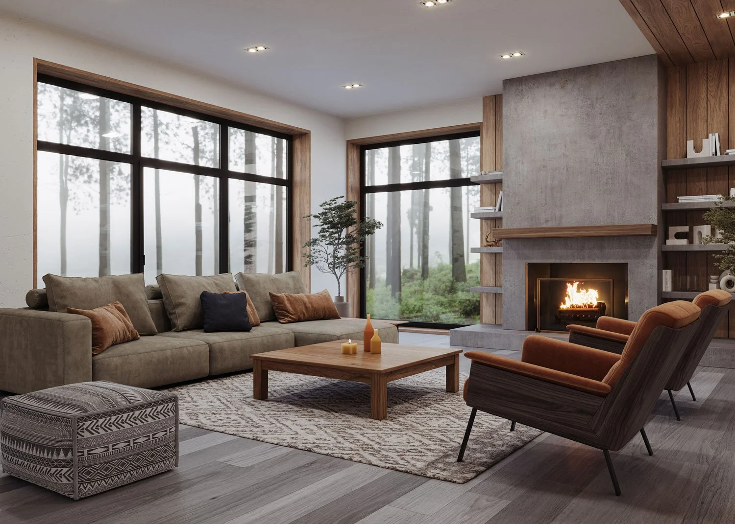 Living room with large windows, a fireplace with a fire, a beige sofa with pillows, two orange armchairs, a patterned ottoman, a wooden coffee table with candles, a tree, and built-in bookshelves.