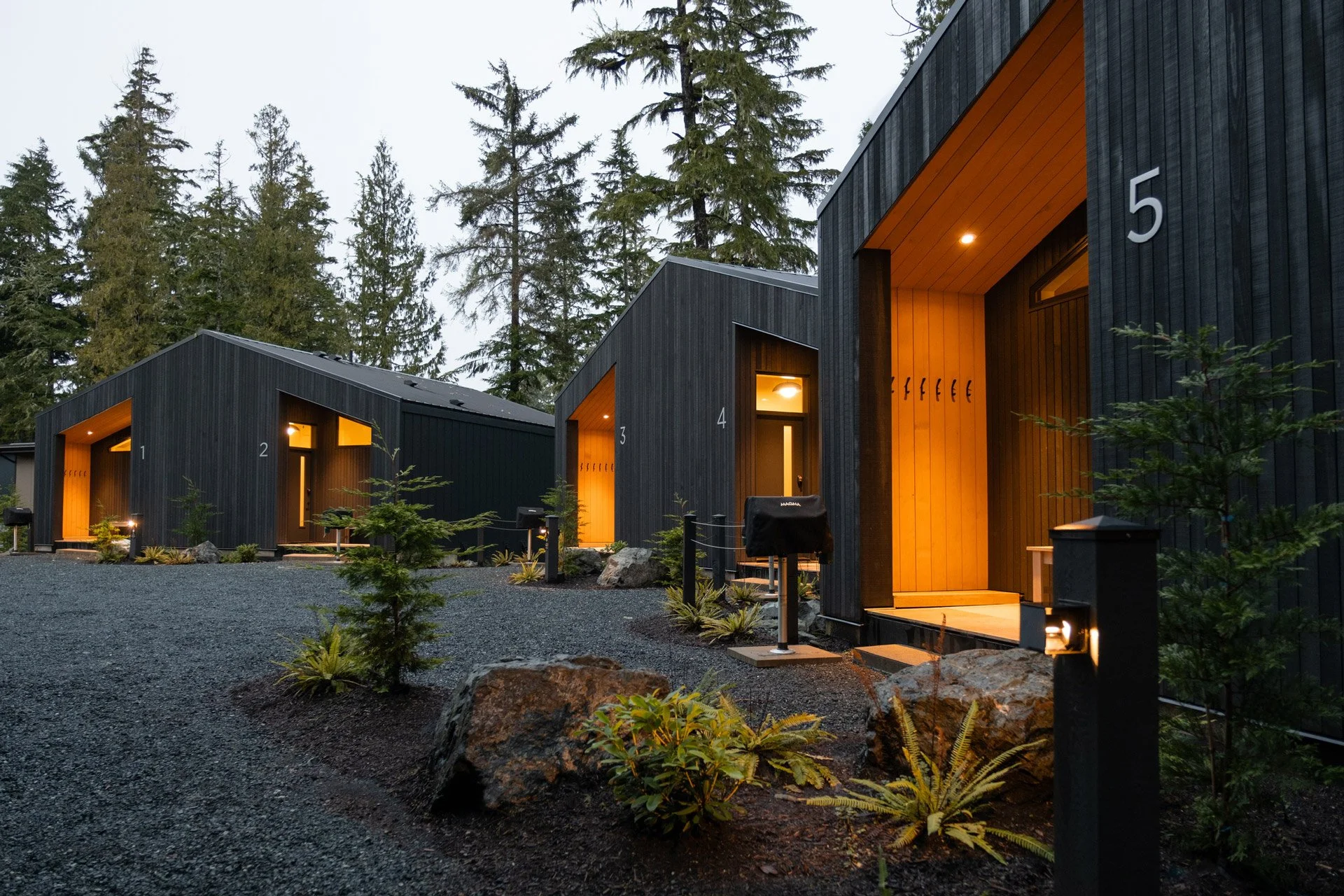 Night view of three modern black houses with wooden accents, numbered 1, 2, and 3, located in a wooded area with tall pine trees, illuminated by outdoor lighting.