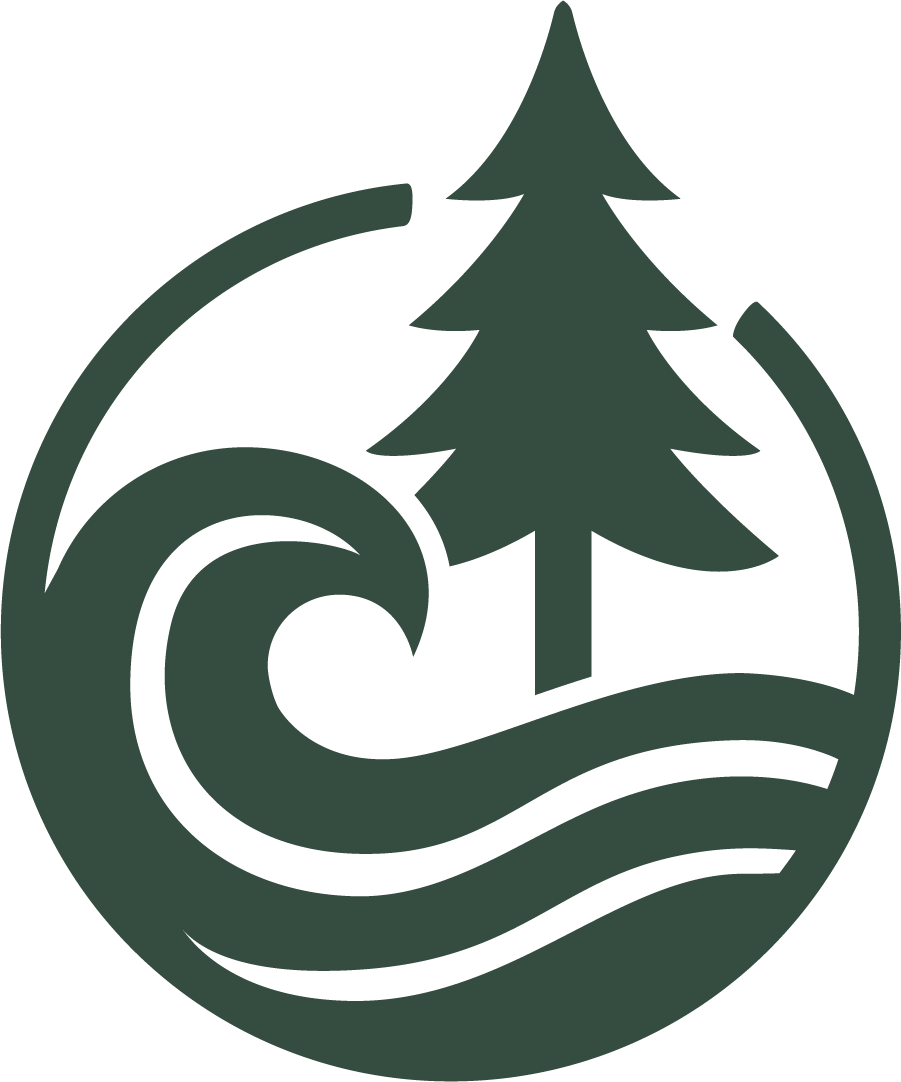 A circular logo with a wave, a pine tree, and water lines in dark green.