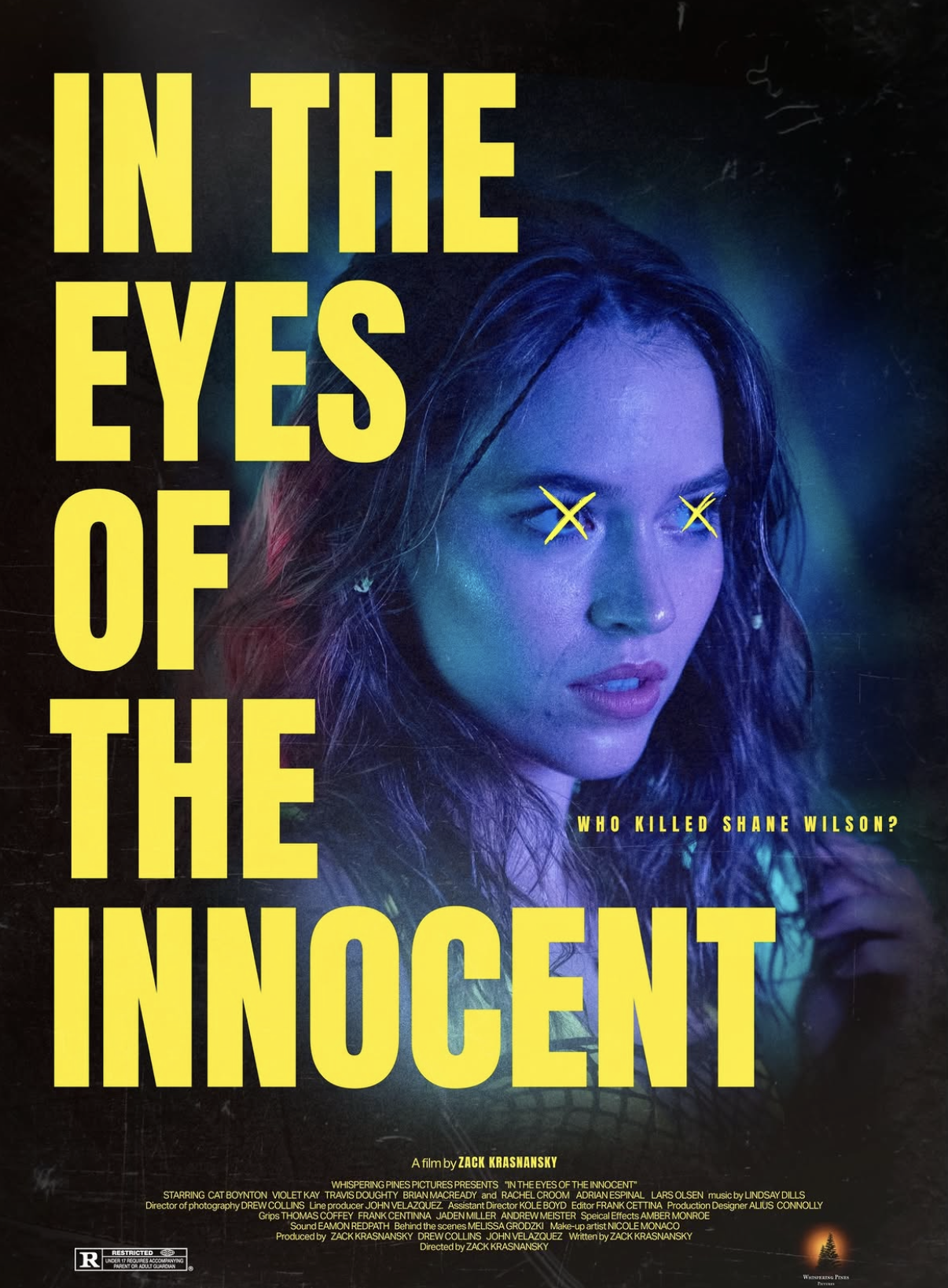 Movie poster for 'In the Eyes of the Innocent' featuring a woman with wet hair and glowing Xs over her eyes, with yellow text and credits.