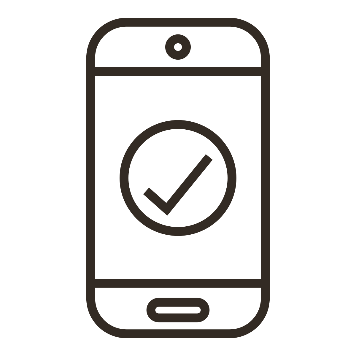 Outline of a mobile phone with a checkmark in a circle on the screen.