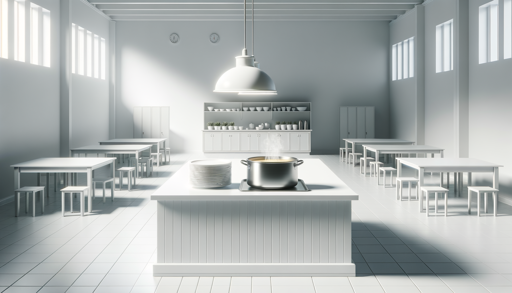 A large, bright, all-white kitchen with multiple tables and stools, a central island with stacked plates and a steaming pot, and cabinets and shelves in the back.