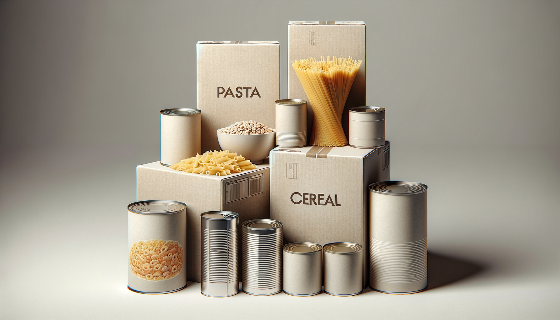 Various canned food items, including pasta, cereal, and other grains, arranged on boxes with a plain background.