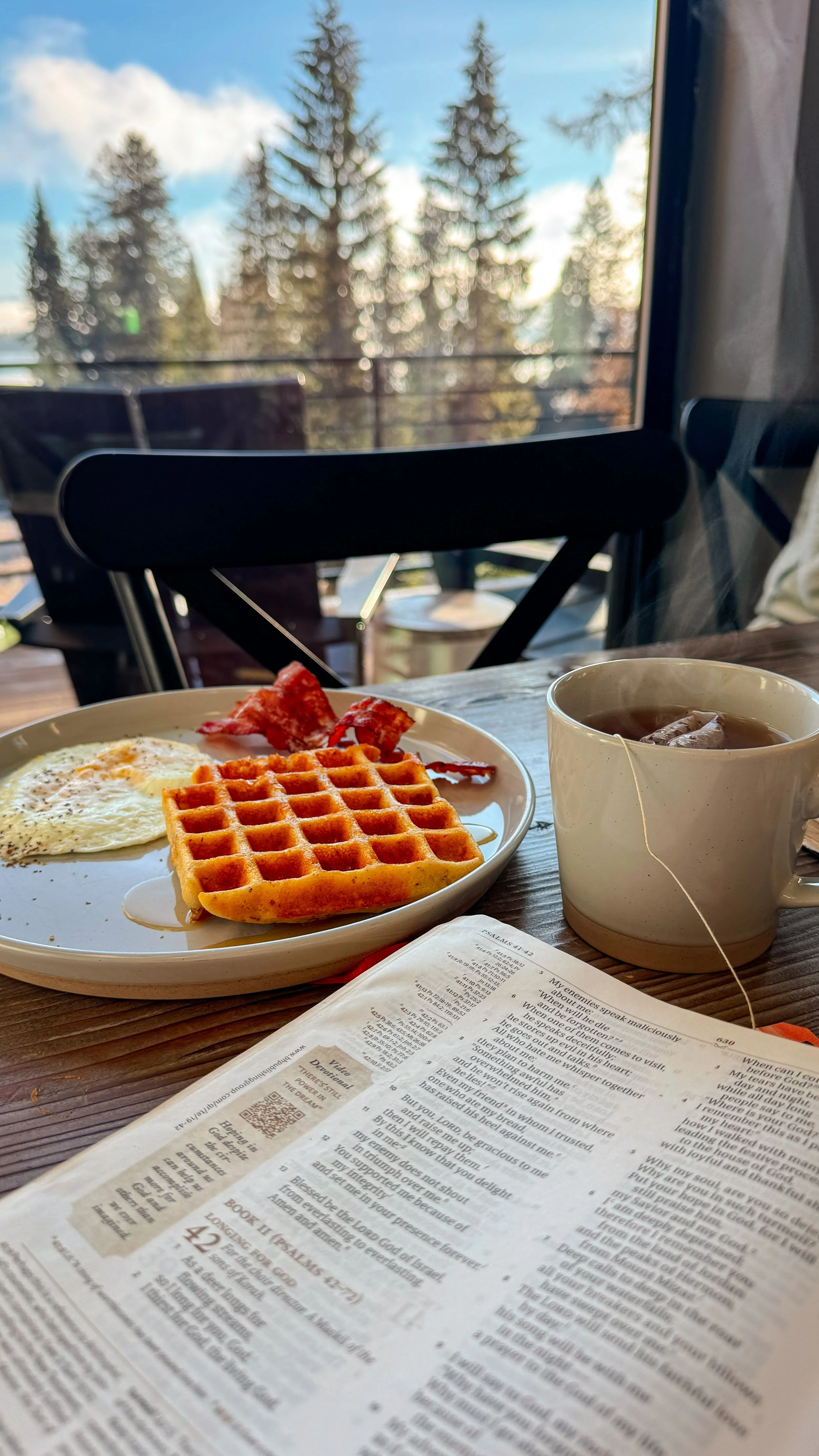 A breakfast plate with a fried egg, waffles, and bacon on a wooden table. A cup of tea or coffee and a menu are also visible, with a window showing trees and a blue sky outside.