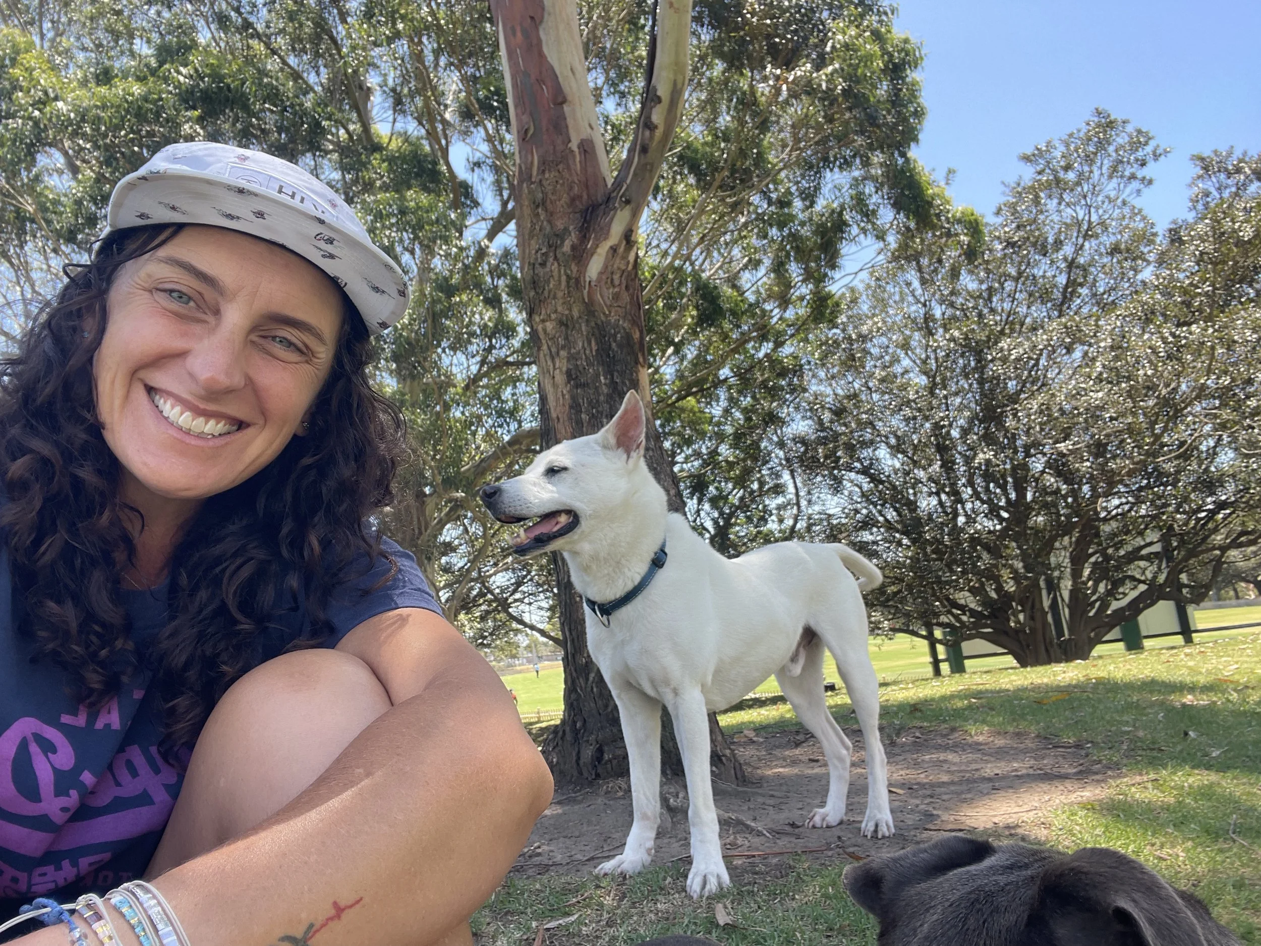 A woman with curly brown hair wearing a white cap and a blue shirt takes a selfie with a white dog under a tree during daytime, with green leaves and a blue sky in the background.