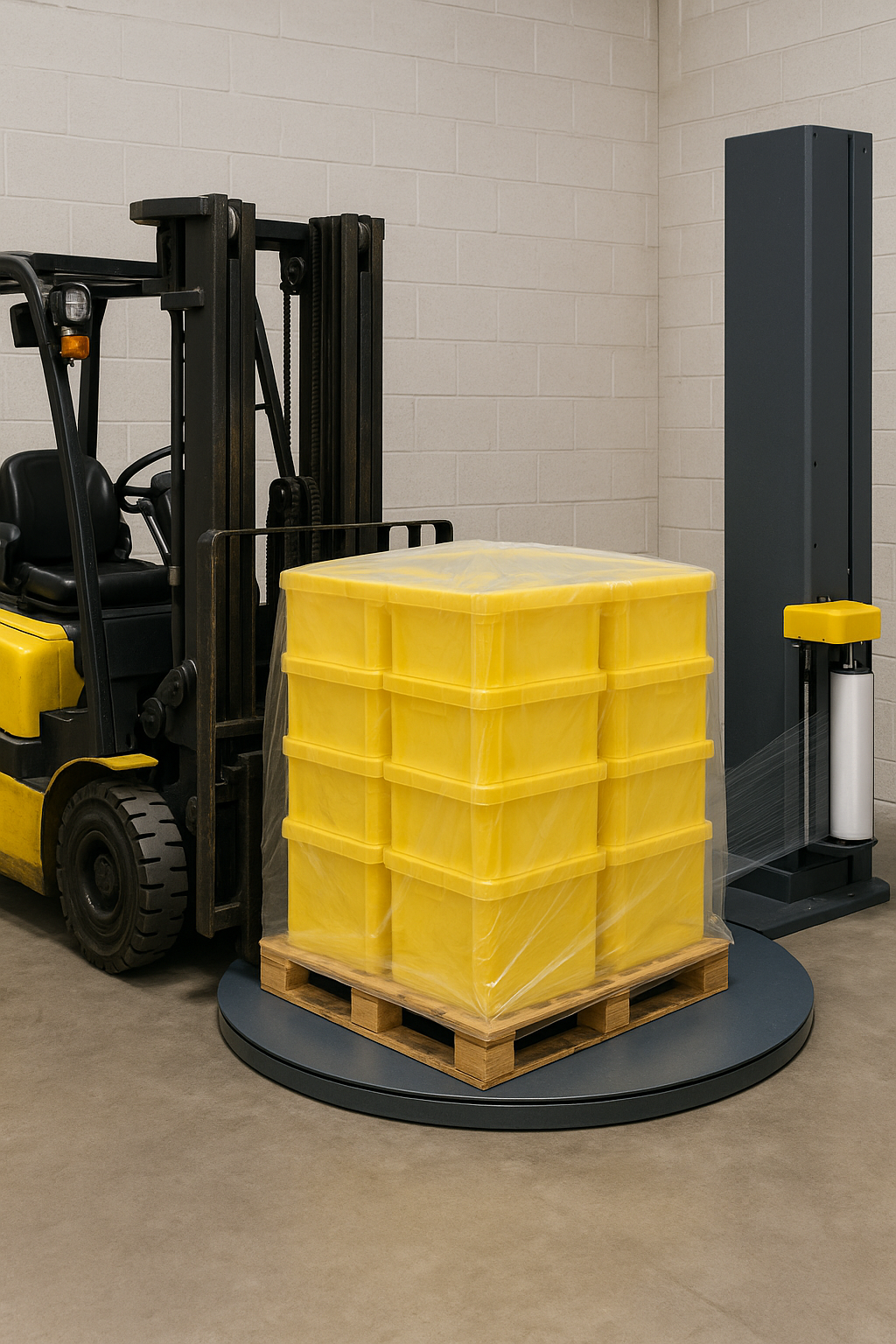 A yellow forklift next to a pallet with yellow containers wrapped in plastic in a warehouse.