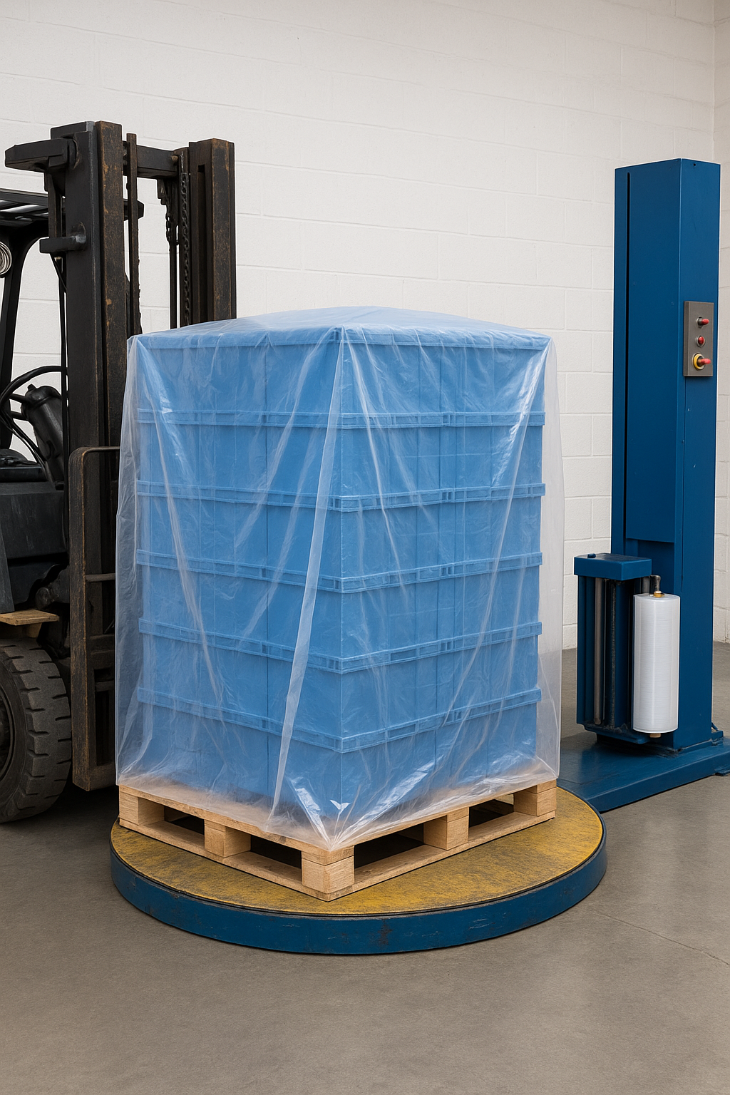 A pallet wrapped in blue plastic and placed on a rotating platform, next to a blue control panel, in a warehouse or industrial setting.