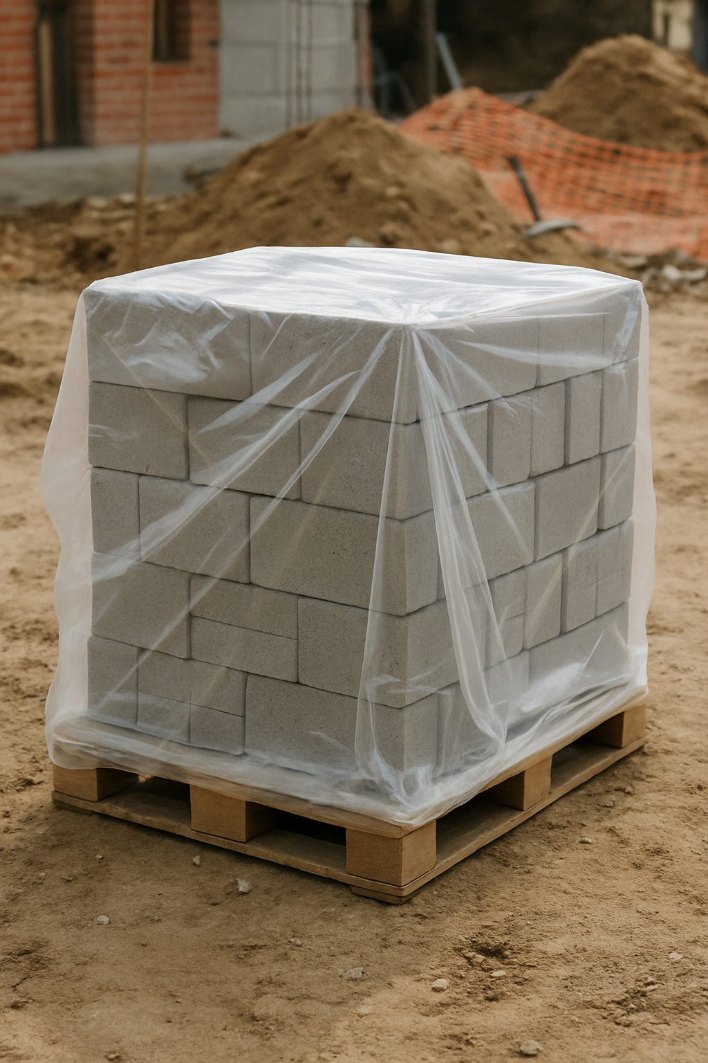A pallet of stacked concrete blocks wrapped in plastic at a construction site.
