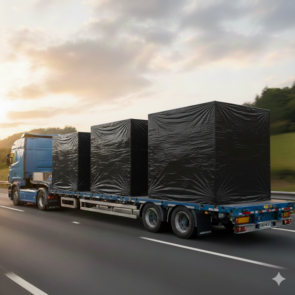 A blue semi-truck with black tarps covering its cargo driving on a highway during sunset.