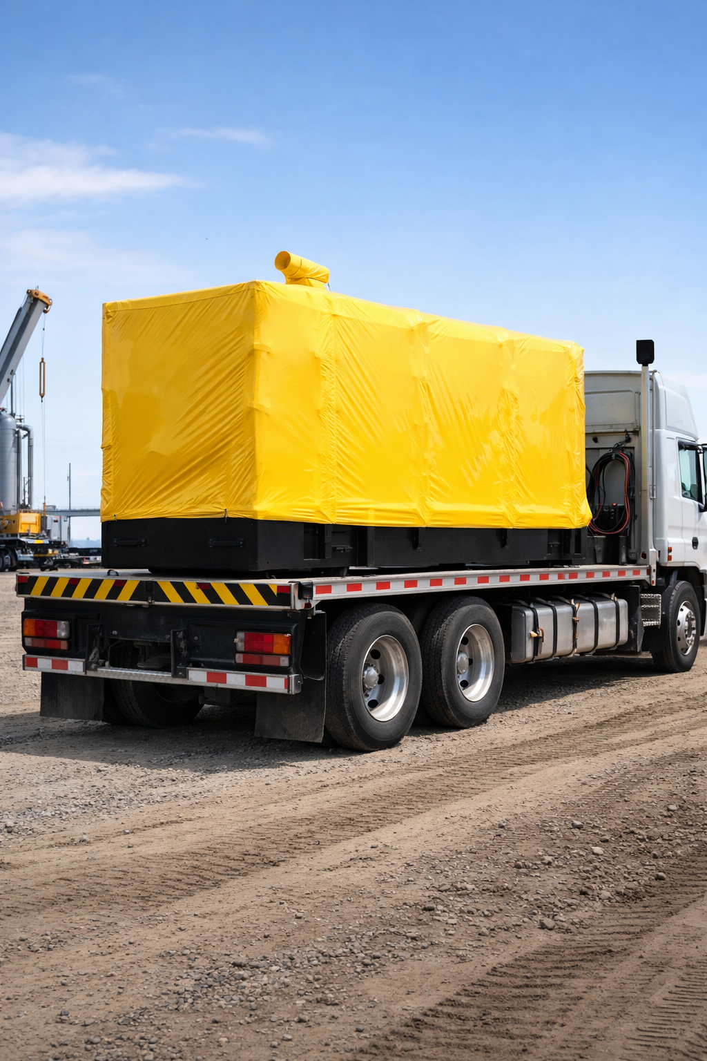 A flatbed truck with a large yellow tarp covering cargo, parked on a dirt lot with a blue sky overhead.