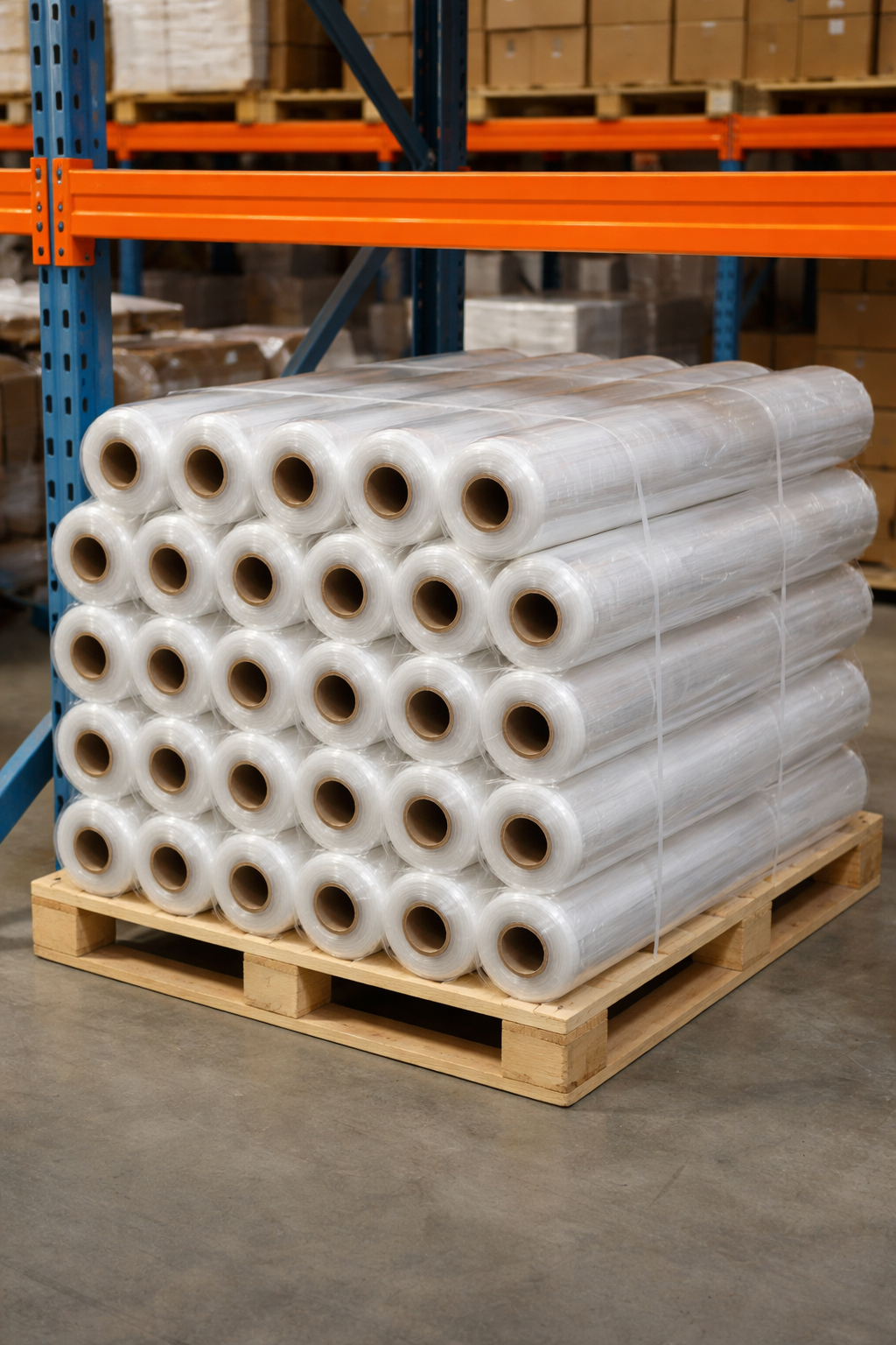 Stack of clear plastic wrap rolls on a wooden pallet in a warehouse.