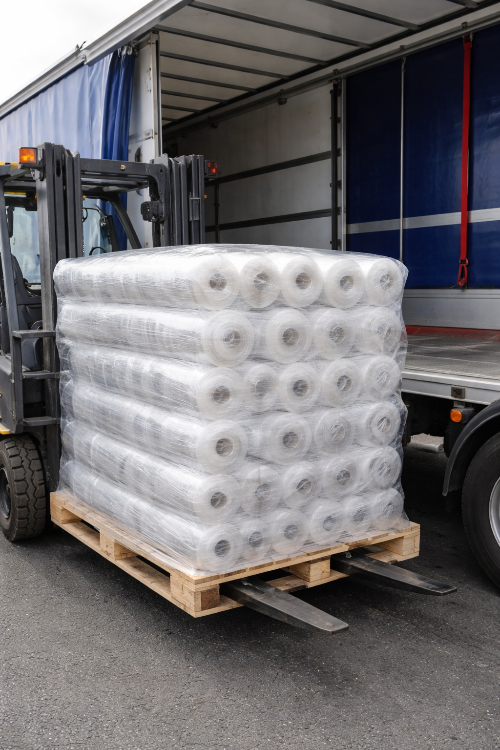 A forklift truck carrying a pallet of plastic wrap rolls next to a delivery truck.